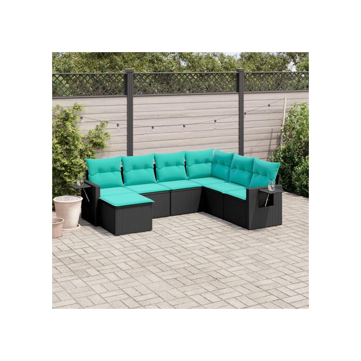 Salon de jardin 7 pcs avec coussins noir résine tressée