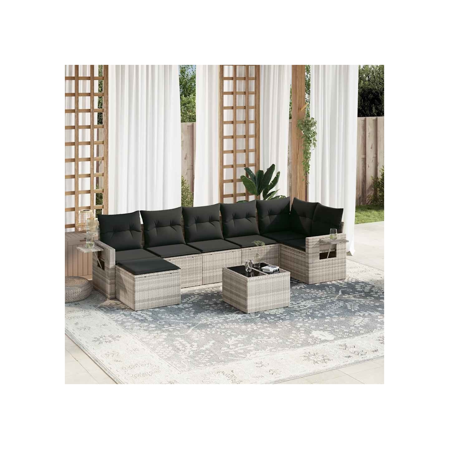 Salon de jardin 8 pcs avec coussins gris clair résine tressée