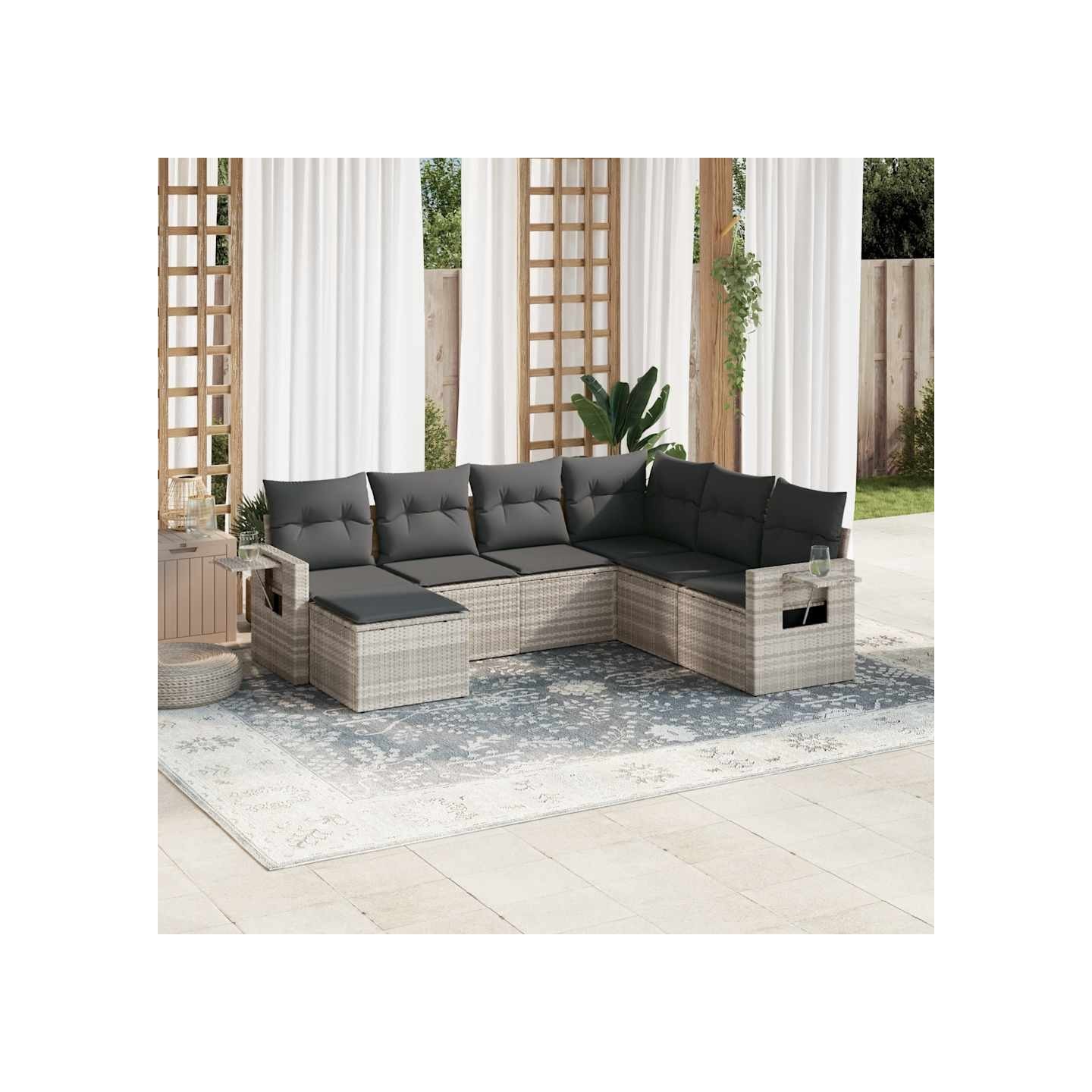 Salon de jardin avec coussins 7 pcs gris clair résine tressée