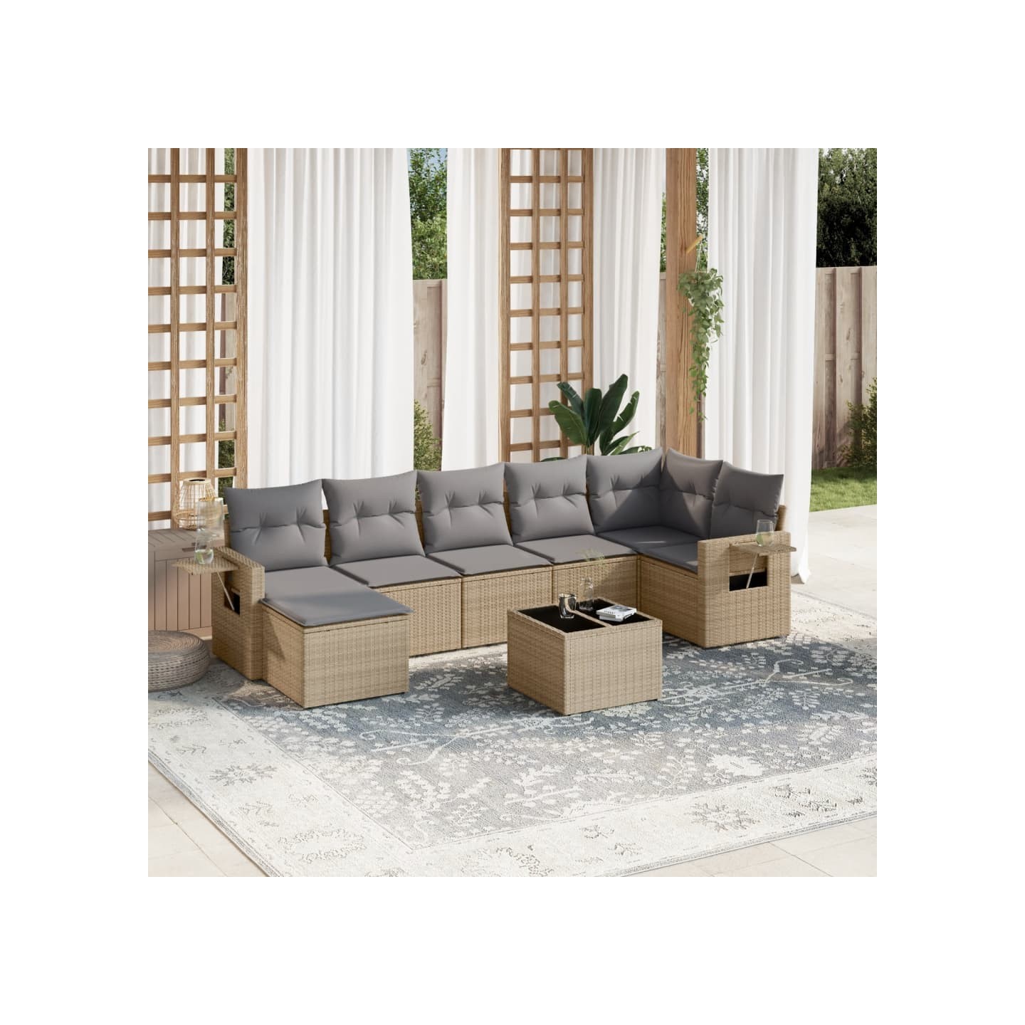 Salon de jardin avec coussins 8 pcs beige résine tressée