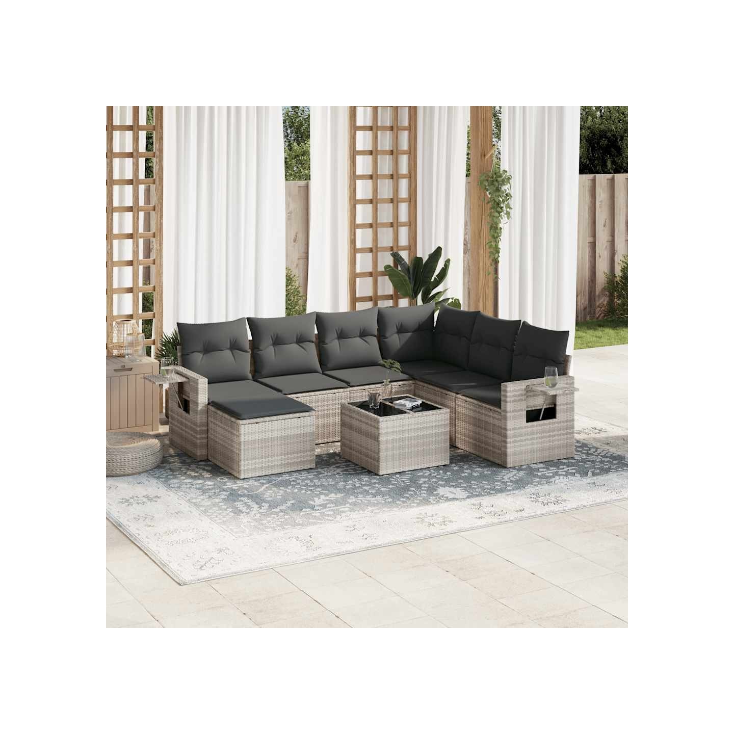 Salon de jardin 8 pcs avec coussins gris clair résine tressée