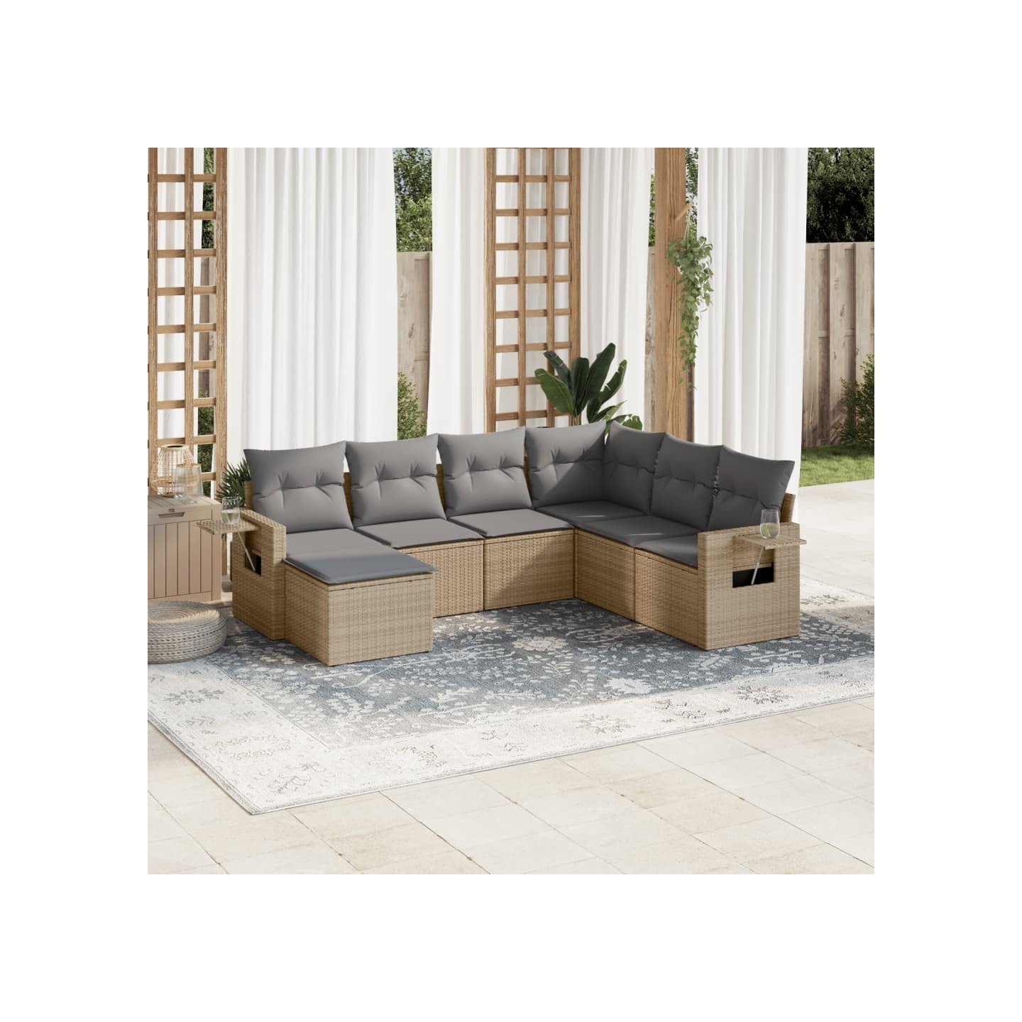 Salon de jardin avec coussins 7 pcs beige résine tressée