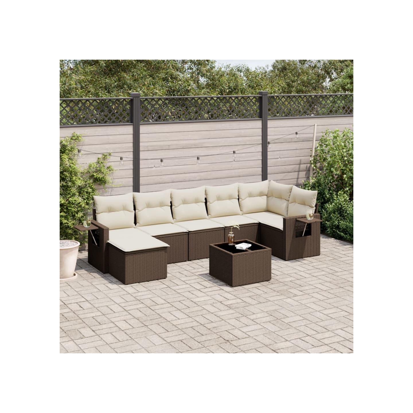 Salon de jardin 8 pcs avec coussins marron résine tressée