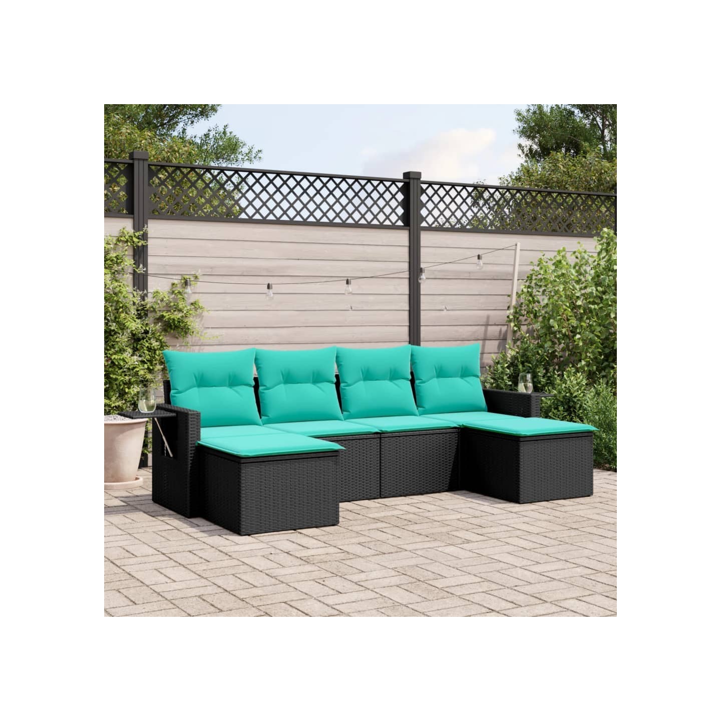 Salon de jardin 6 pcs avec coussins noir résine tressée