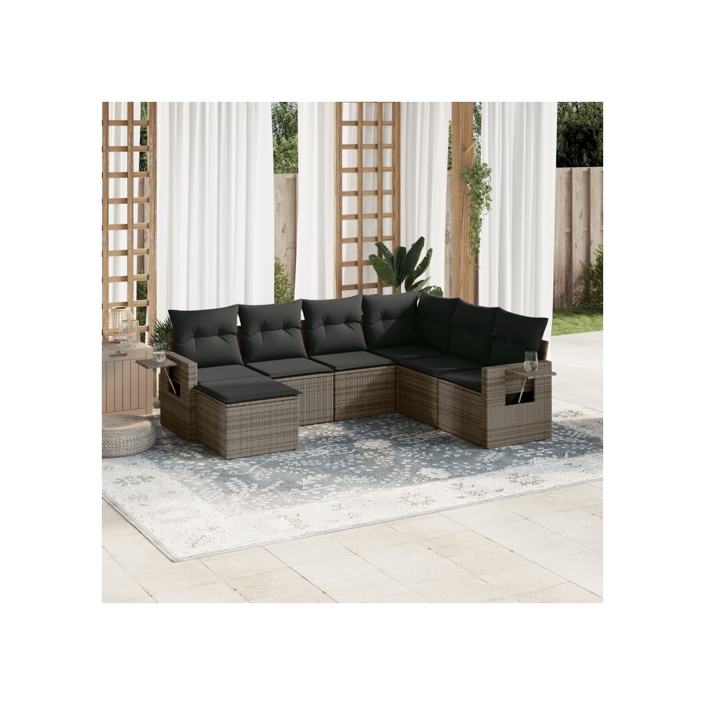 Salon de jardin avec coussins 7 pcs gris résine tressée
