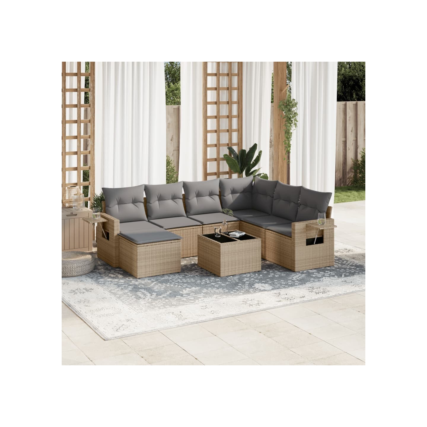 Salon de jardin avec coussins 8 pcs beige résine tressée