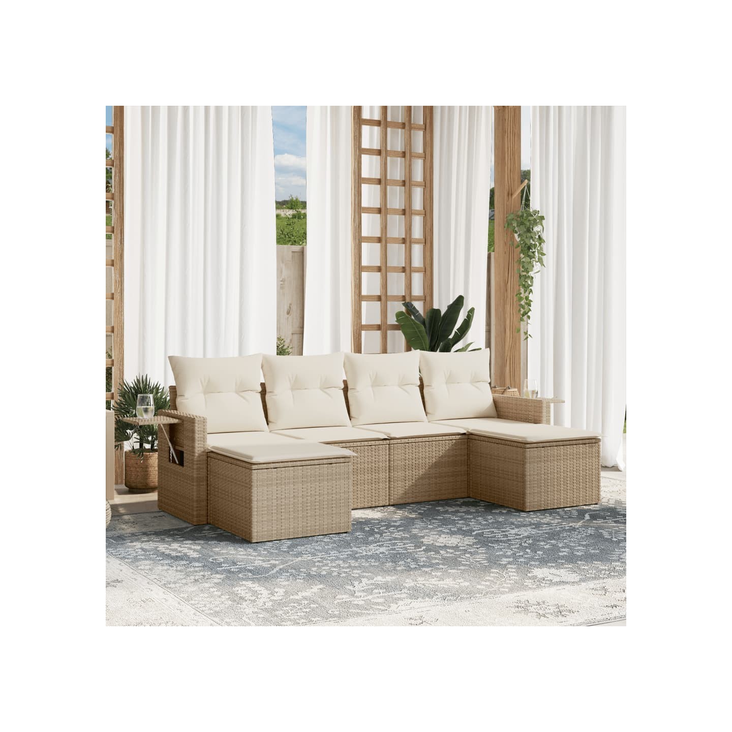 Salon de jardin avec coussins 6 pcs beige résine tressée