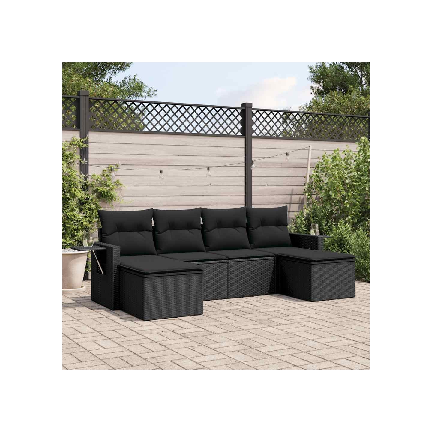 Salon de jardin 6 pcs avec coussins noir résine tressée