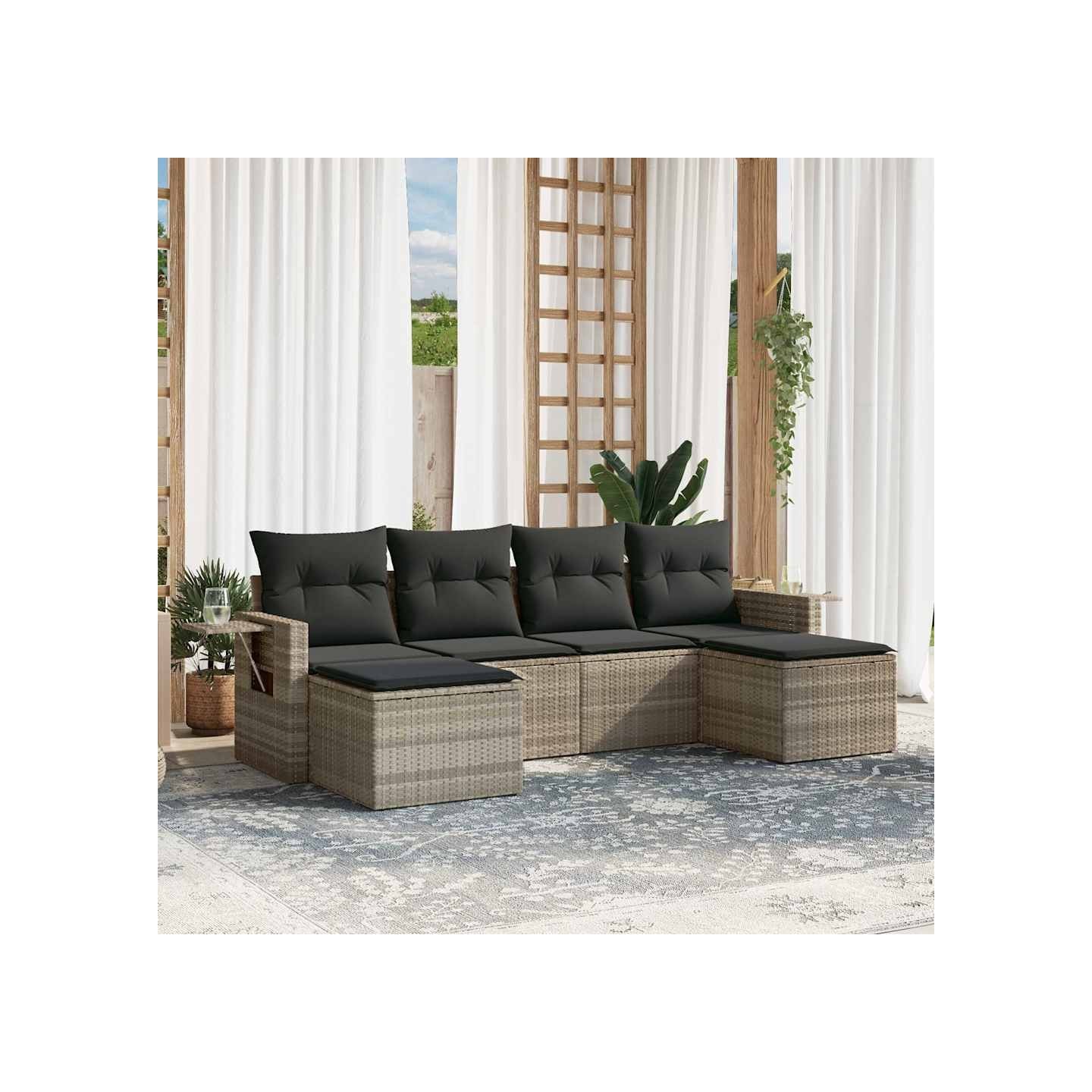 Salon de jardin 6 pcs avec coussins gris clair résine tressée