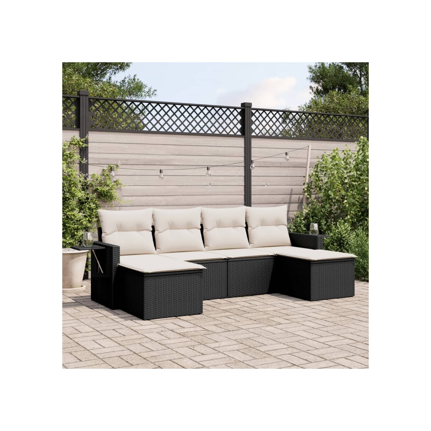 Salon de jardin 6 pcs avec coussins noir résine tressée