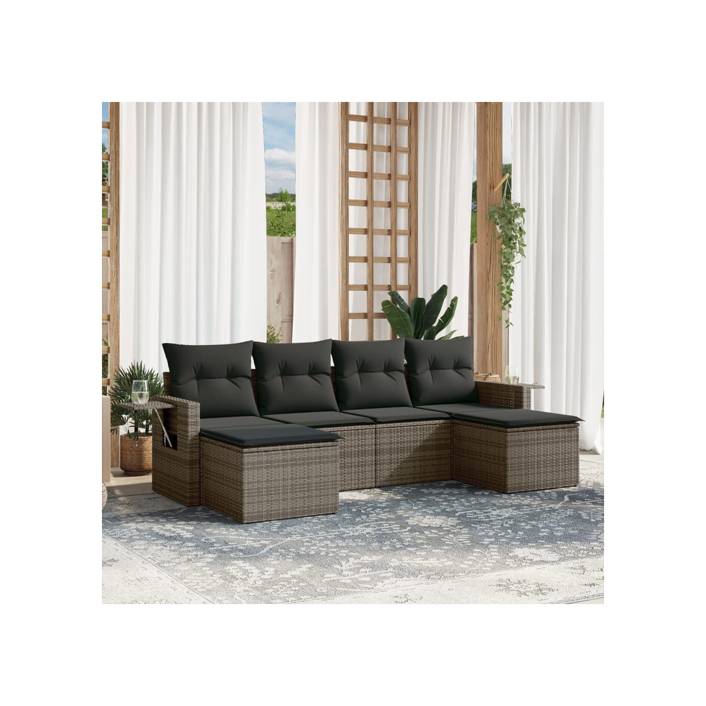 Salon de jardin 6 pcs avec coussins gris résine tressée