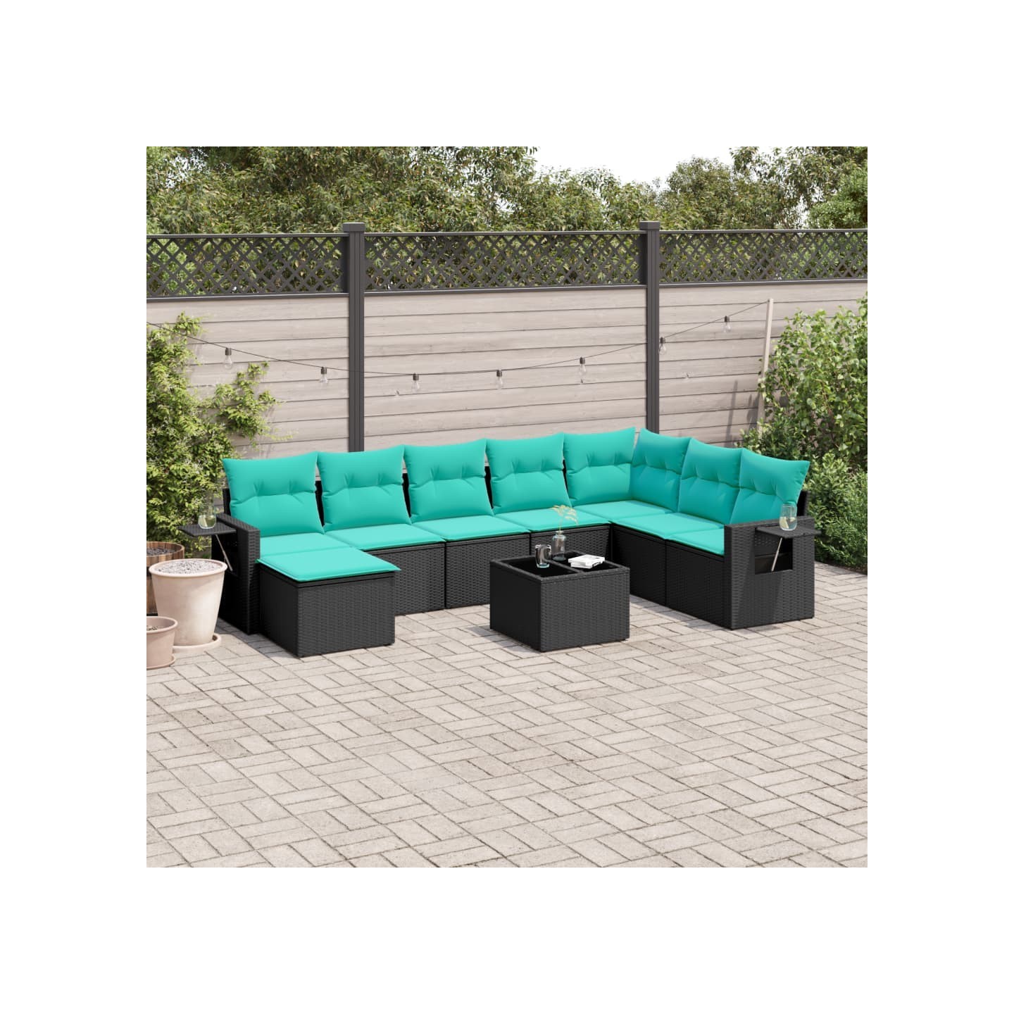 Ensemble de canapé de jardin 9 pcs avec coussins noir résine tressée