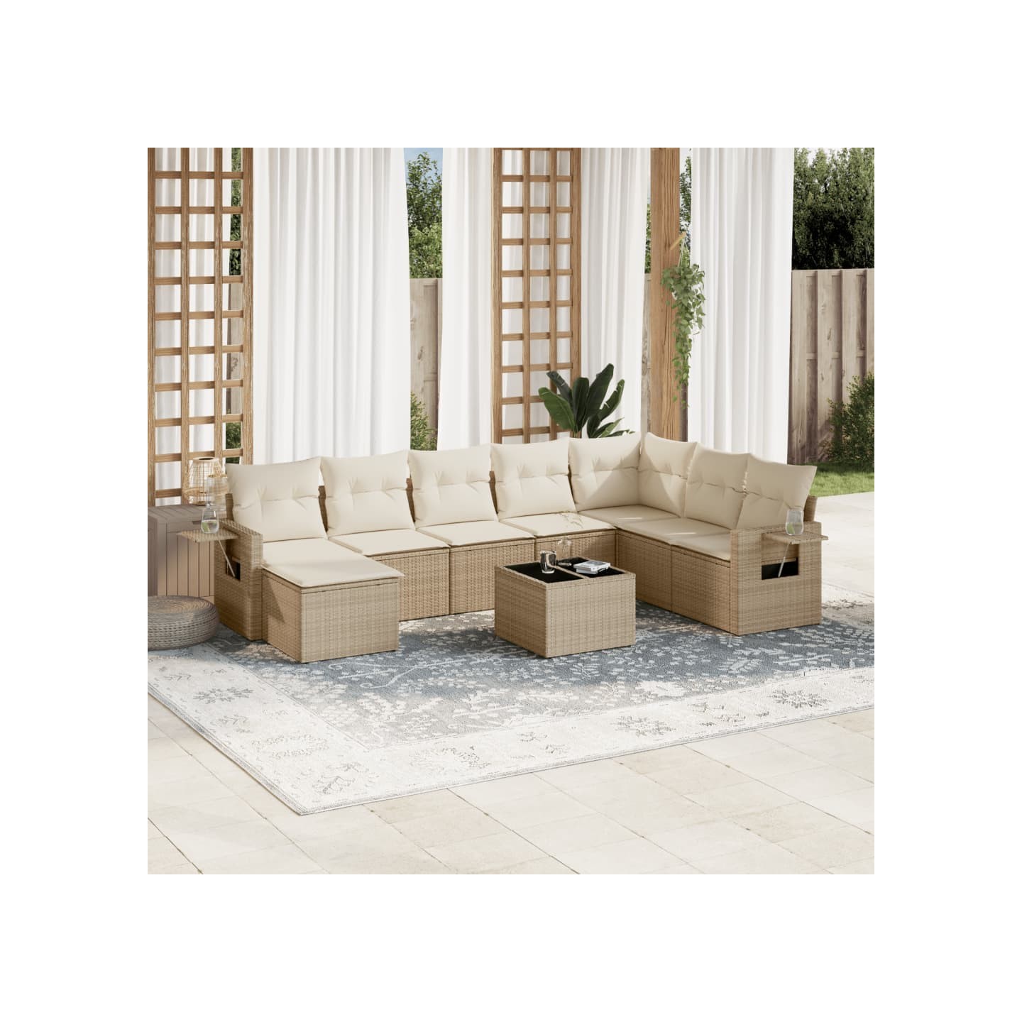 Salon de jardin avec coussins 9 pcs beige résine tressée