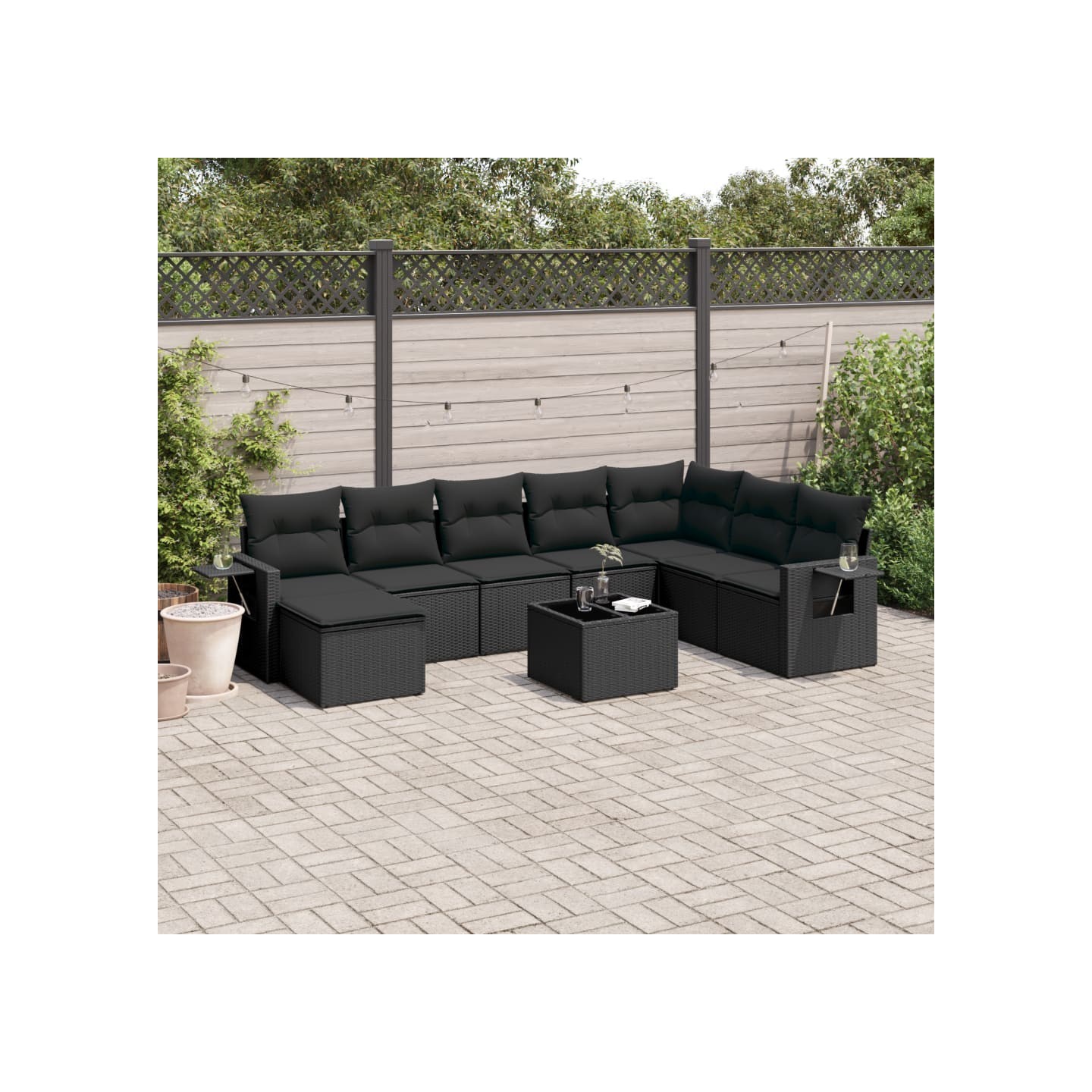 Salon de jardin 9 pcs avec coussins noir résine tressée