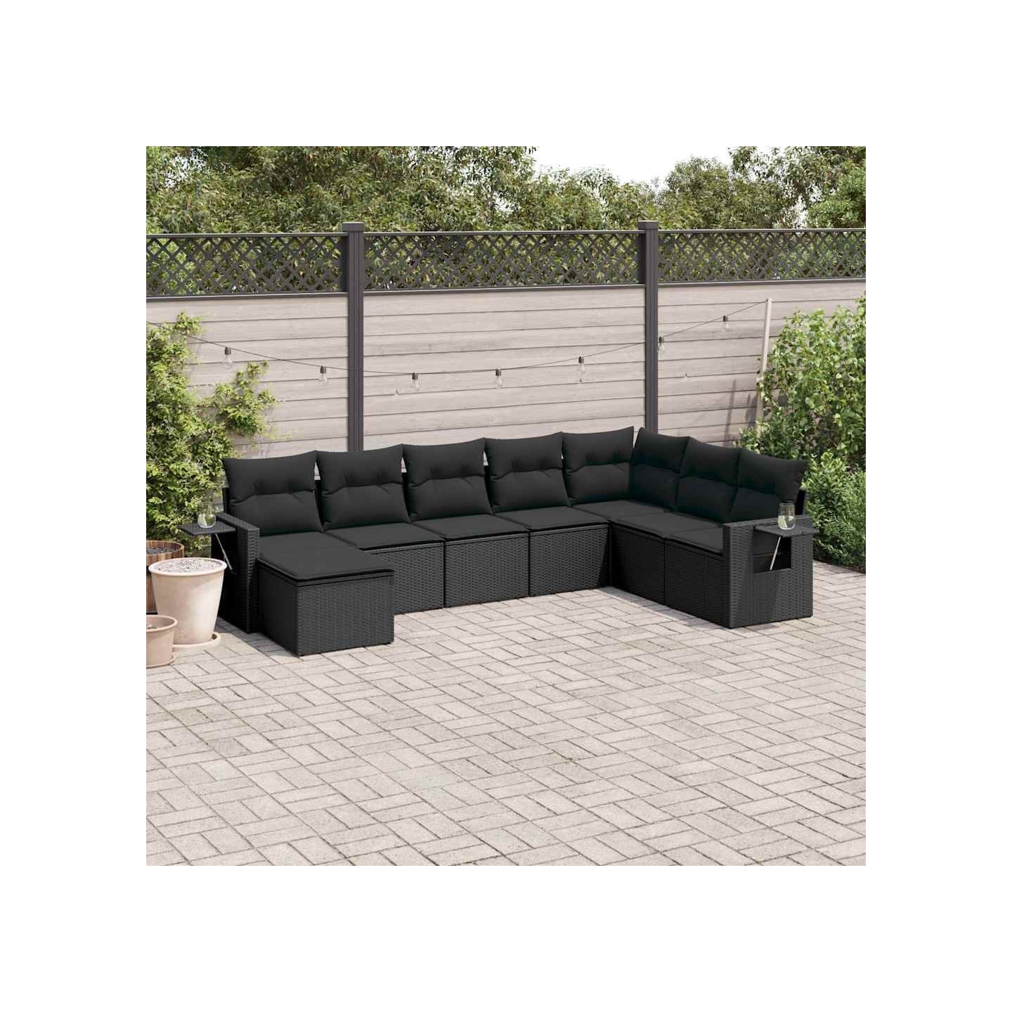 Salon de jardin 8 pcs avec coussins noir résine tressée