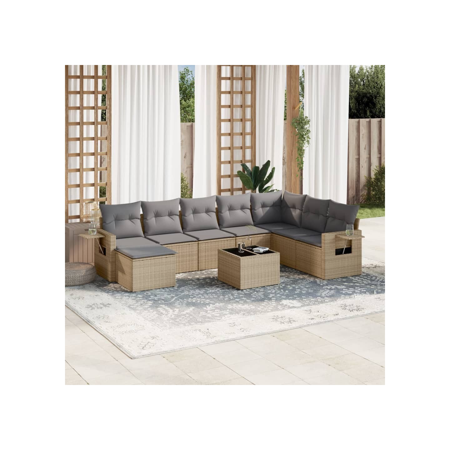 Salon de jardin avec coussins 9 pcs beige résine tressée