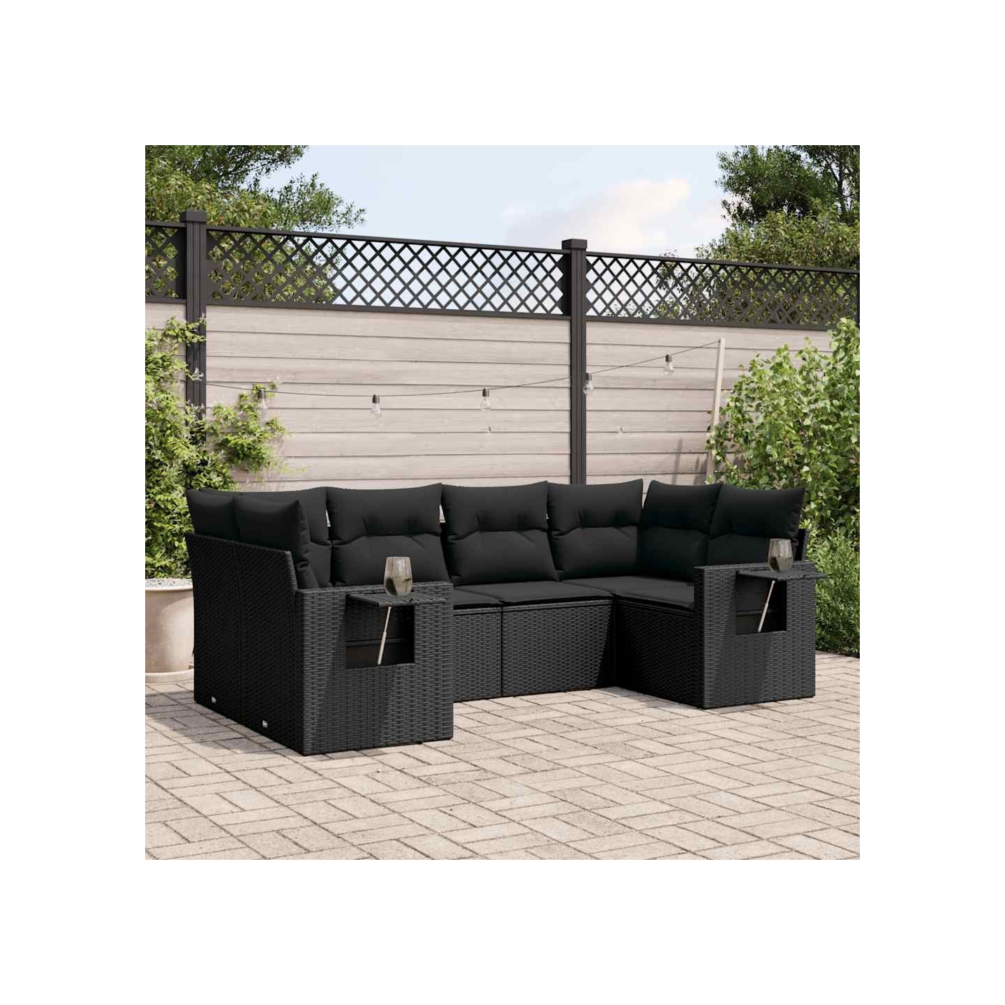 Salon de jardin 6 pcs avec coussins noir résine tressée
