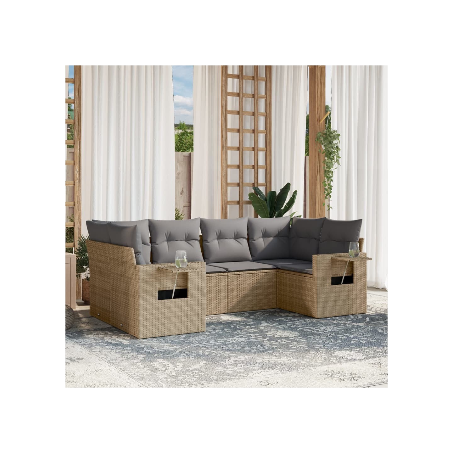 Salon de jardin avec coussins 6 pcs beige résine tressée