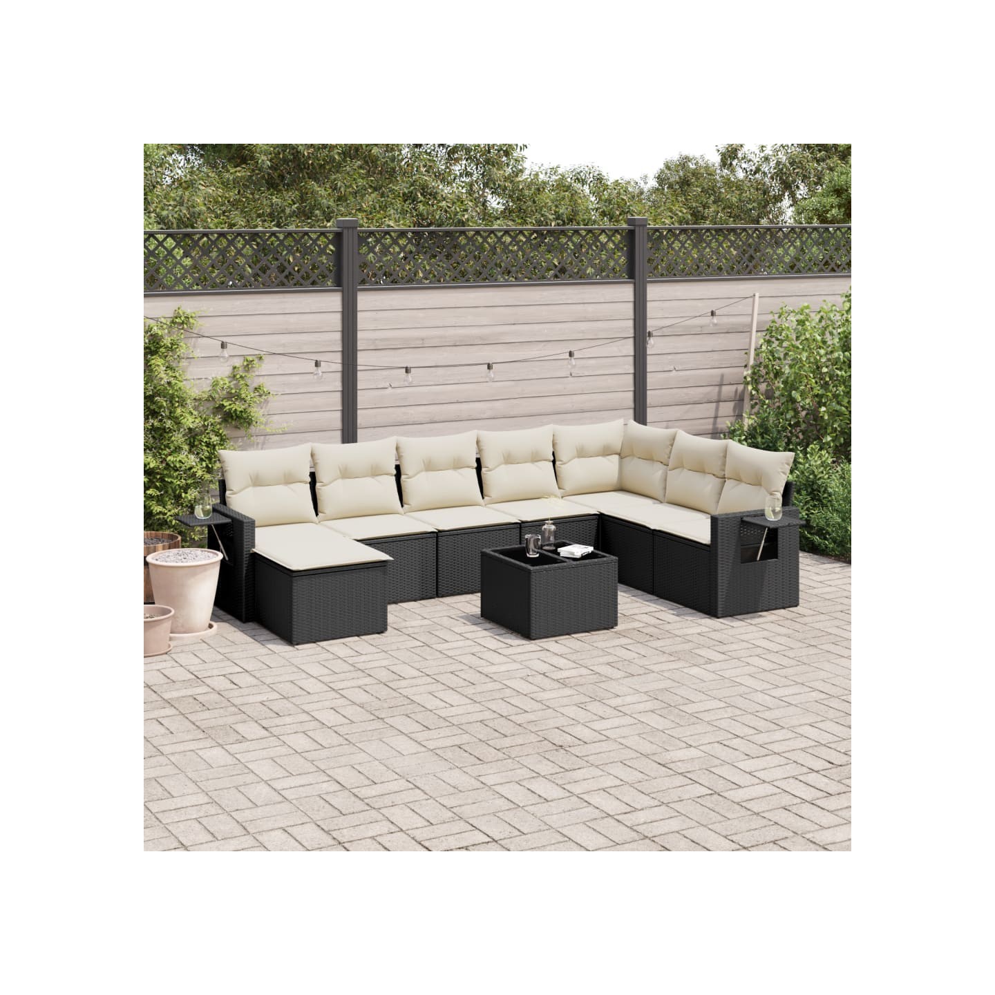 Salon de jardin 9 pcs avec coussins noir résine tressée