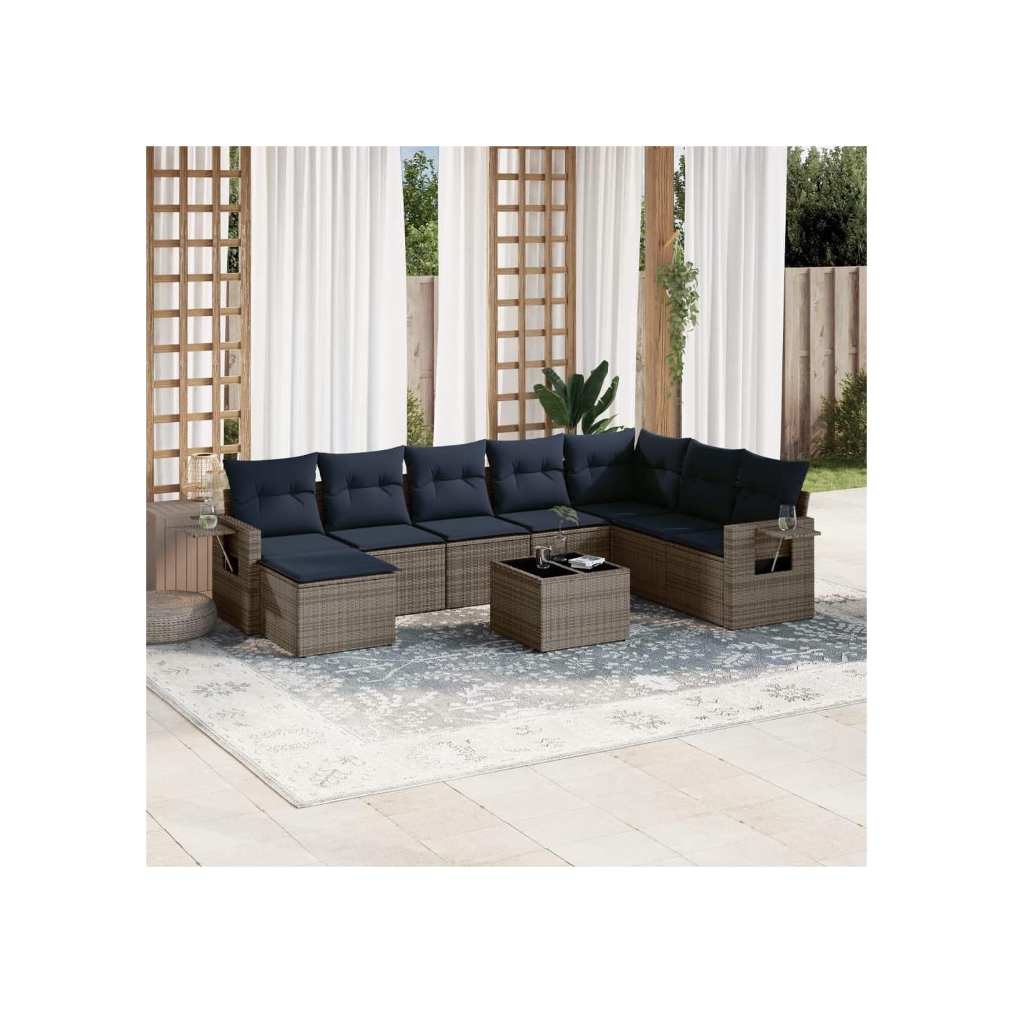 Ensemble de canapé de jardin 9 pcs avec coussins gris résine tressée