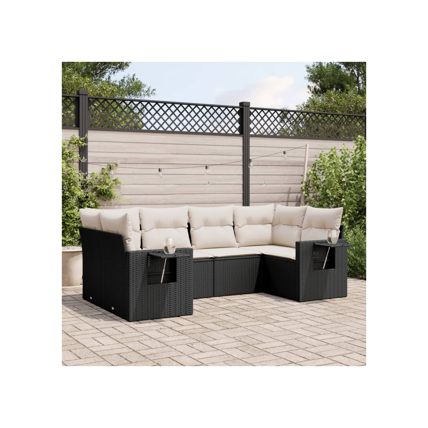 Salon de jardin 6 pcs avec coussins noir résine tressée