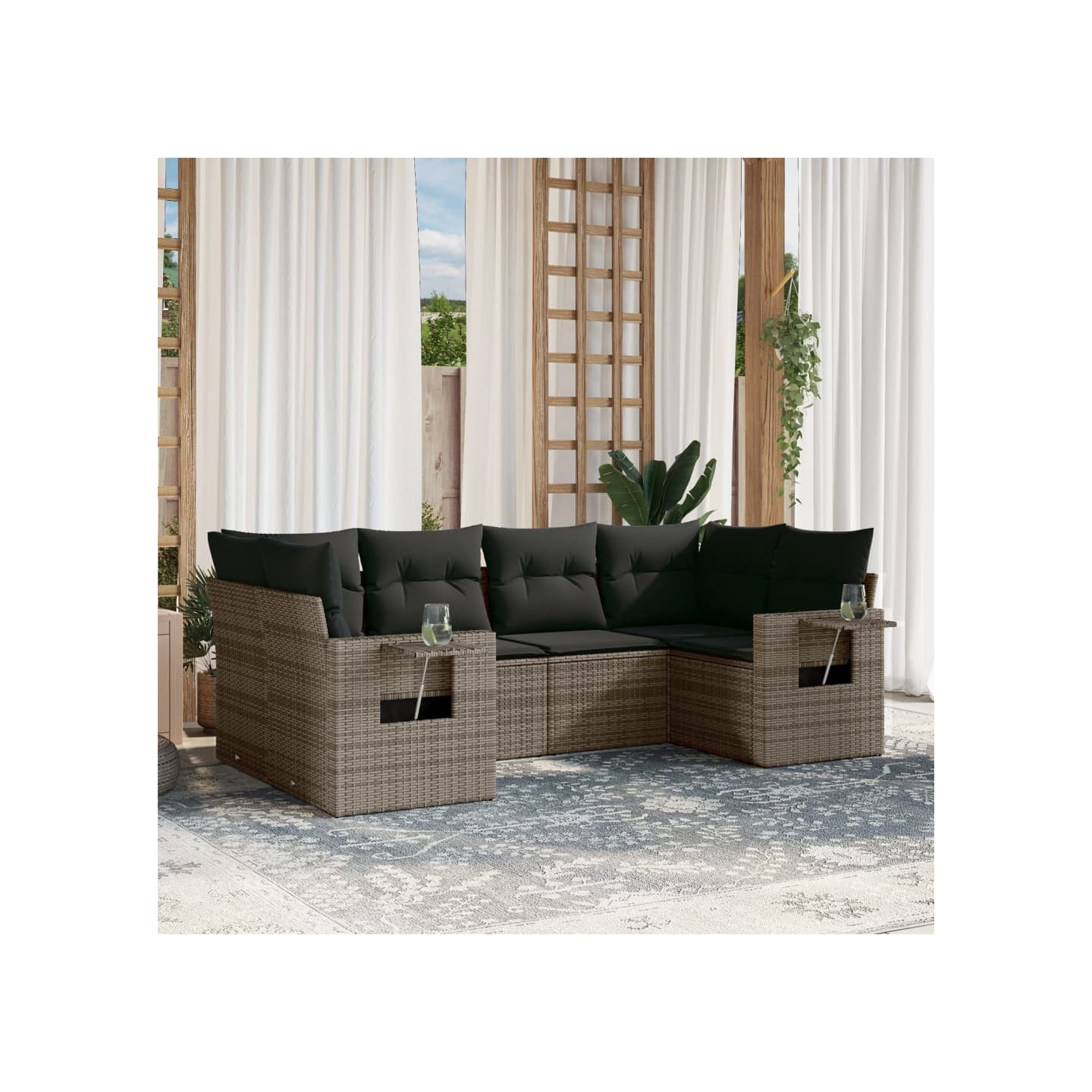 Salon de jardin 6 pcs avec coussins gris résine tressée