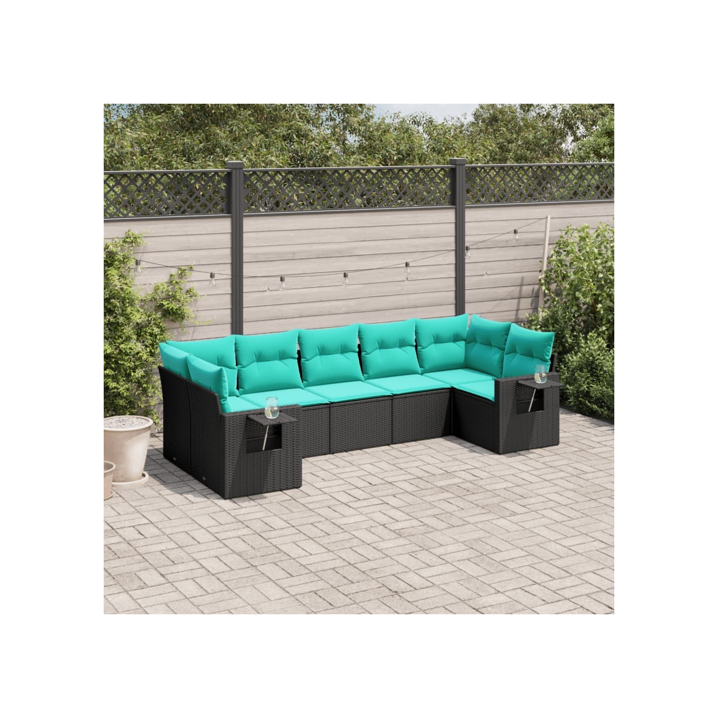 Salon de jardin 7 pcs avec coussins noir résine tressée
