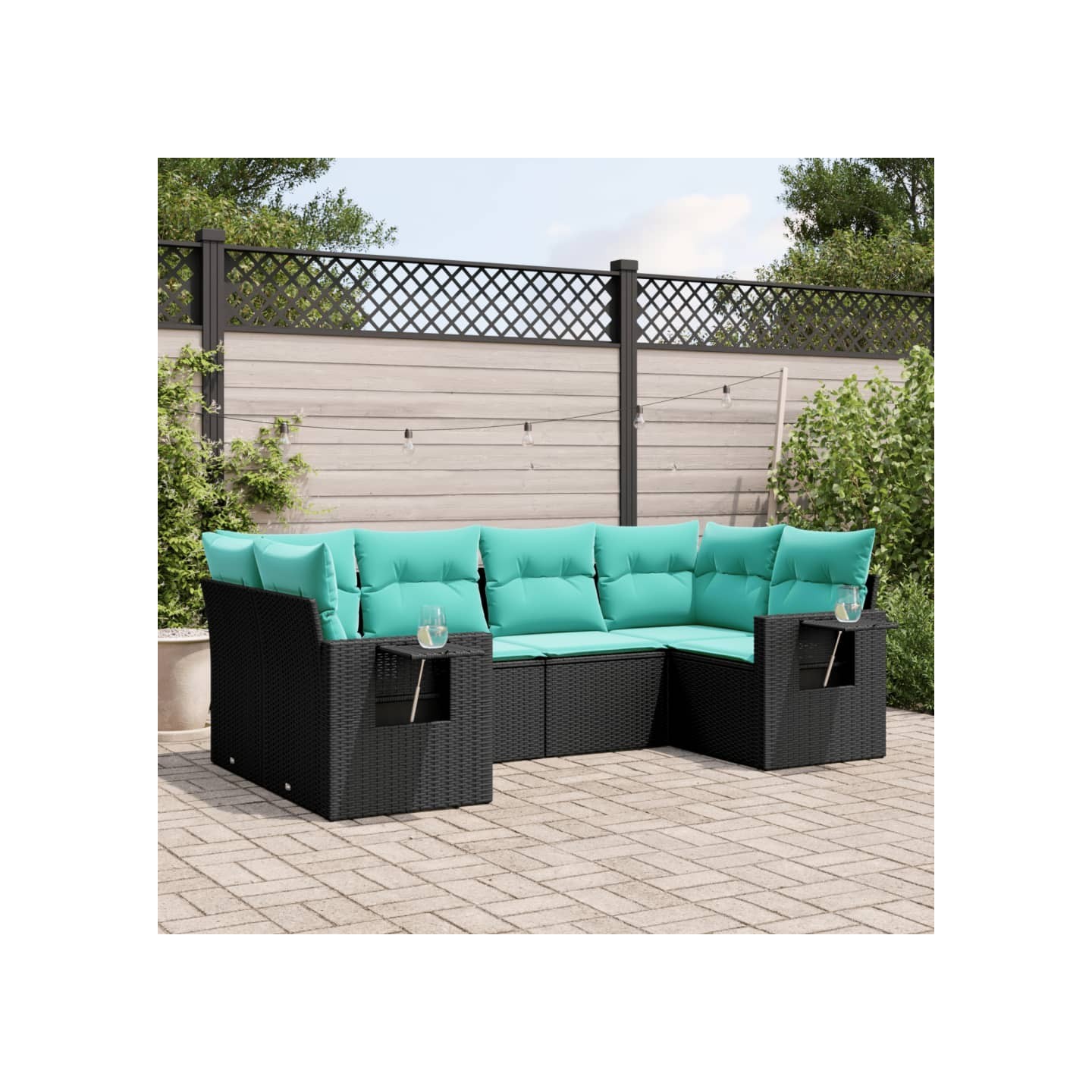 Salon de jardin 6 pcs avec coussins noir résine tressée