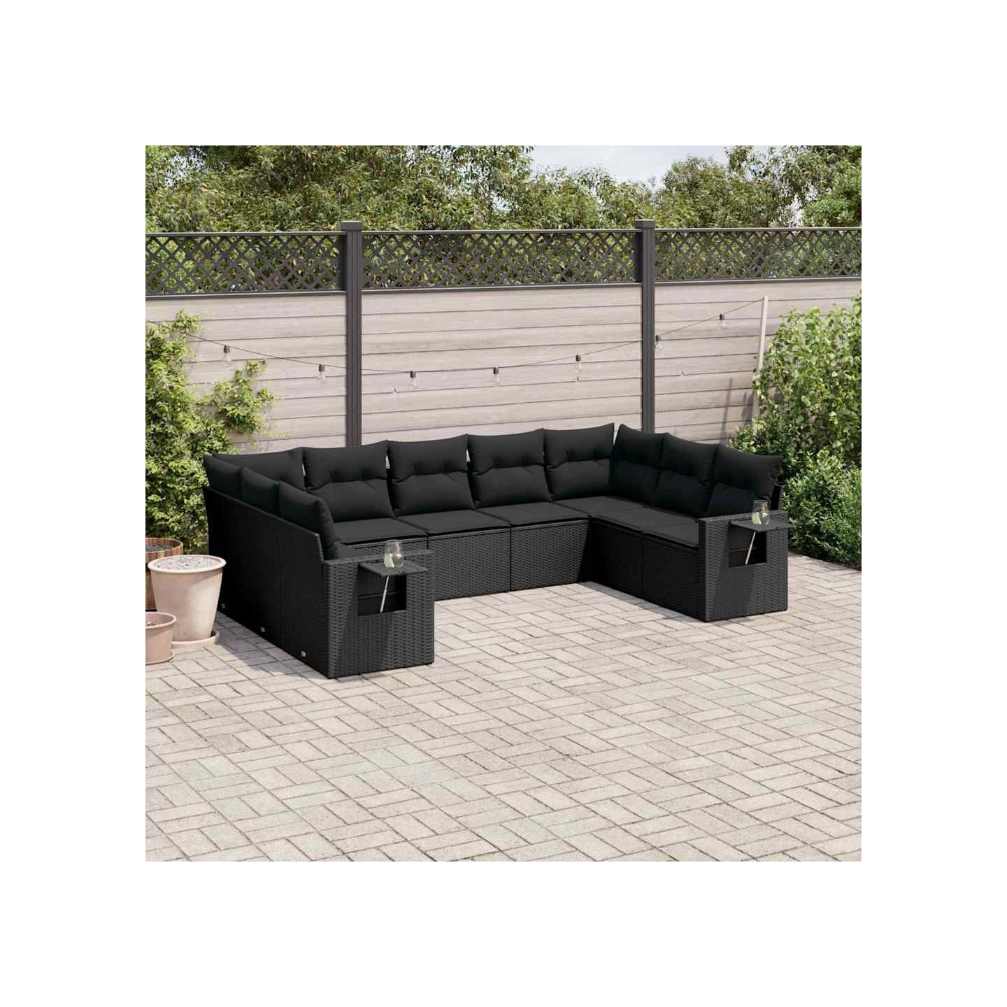 Salon de jardin 9 pcs avec coussins noir résine tressée