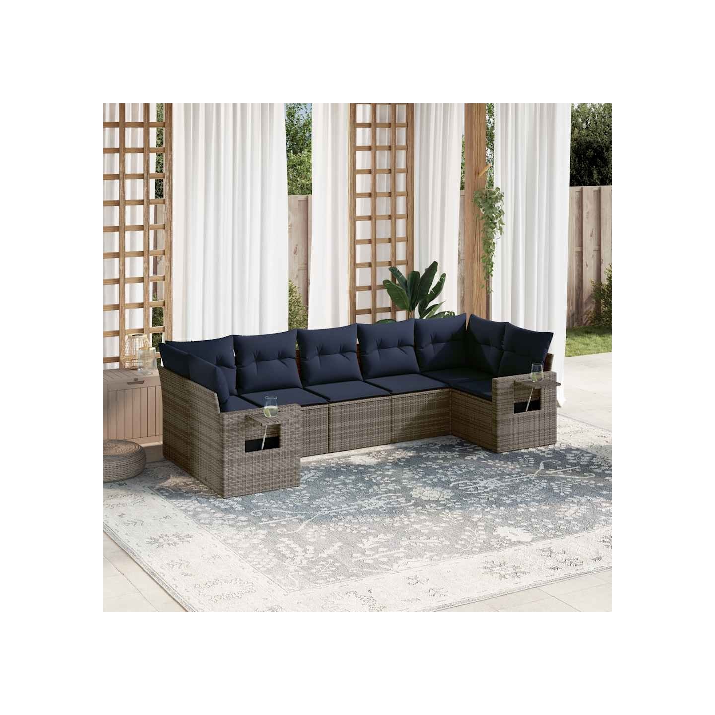 Ensemble de canapé de jardin 7 pcs avec coussins gris résine tressée