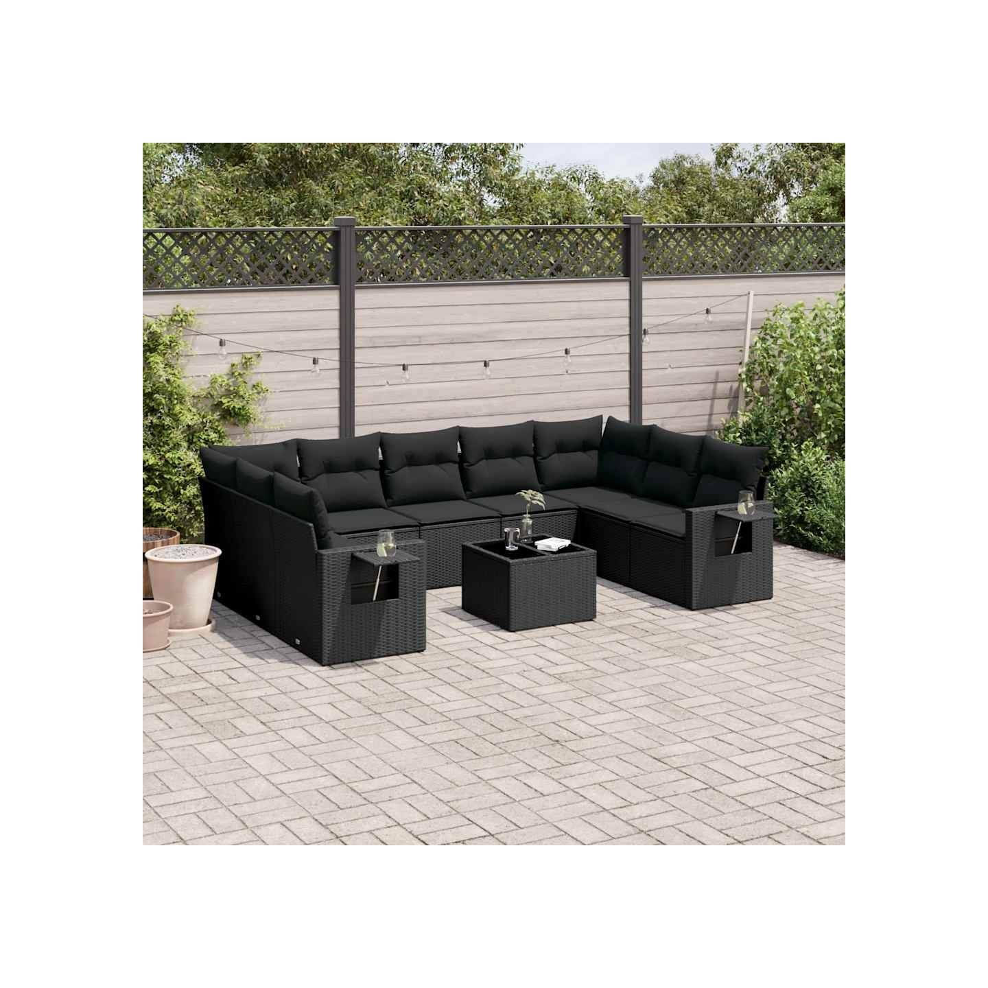Salon de jardin 10 pcs avec coussins noir résine tressée