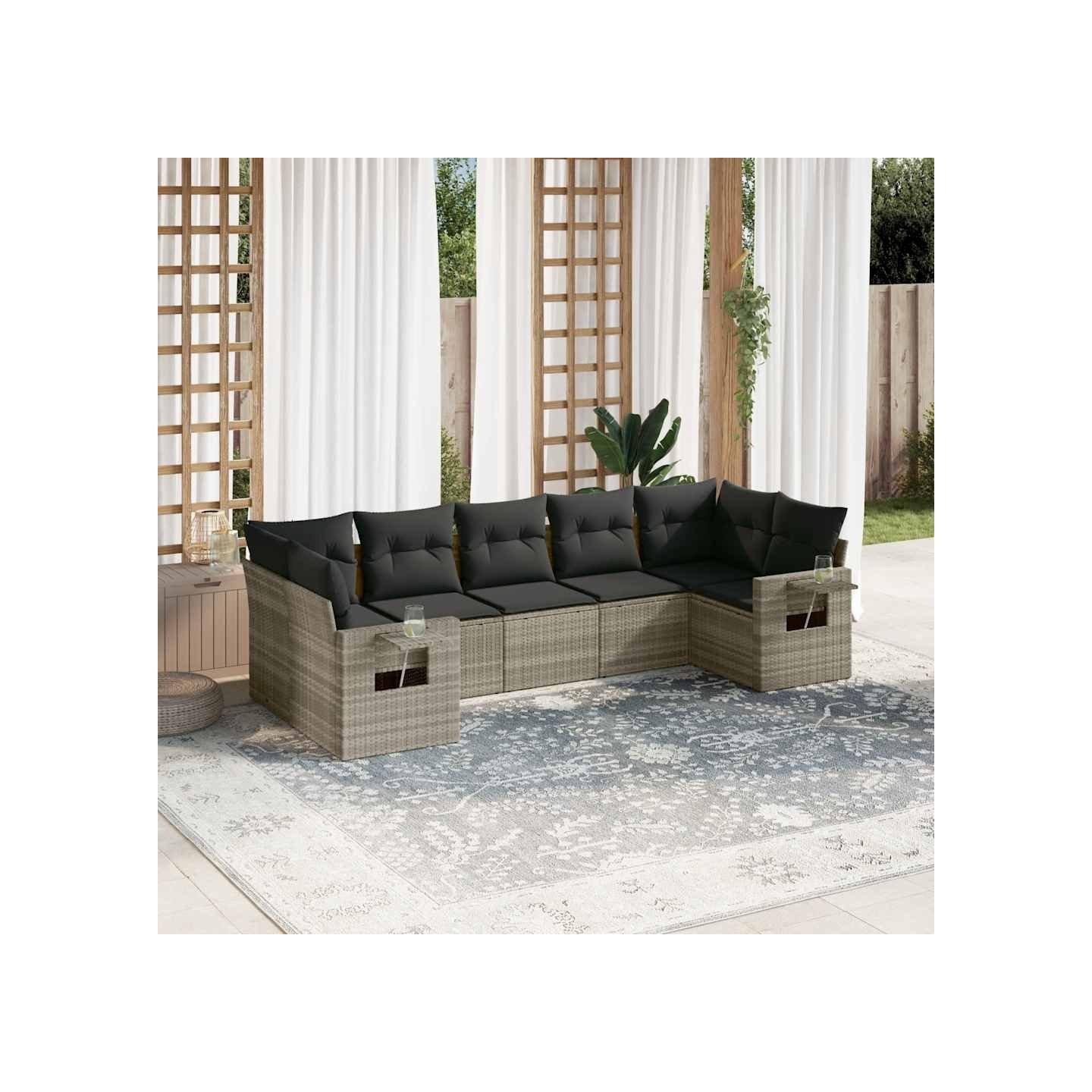 Salon de jardin avec coussins 7 pcs gris clair résine tressée