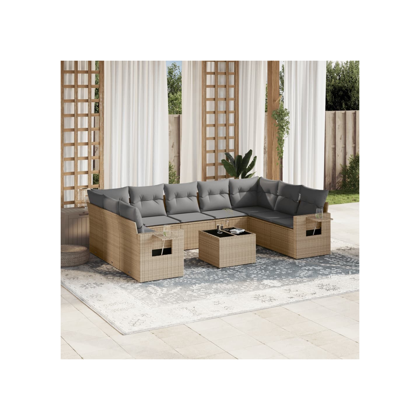 Salon de jardin avec coussins 10 pcs beige résine tressée