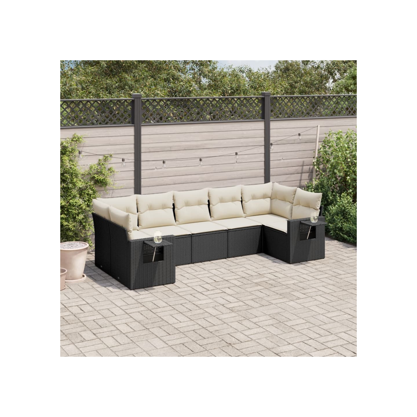 Salon de jardin 7 pcs avec coussins noir résine tressée