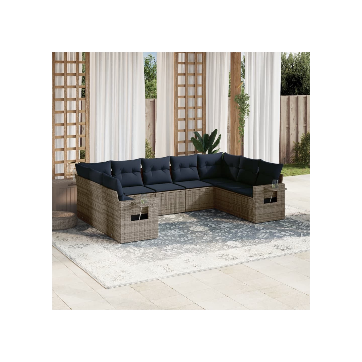 Ensemble de canapé de jardin 9 pcs avec coussins gris résine tressée