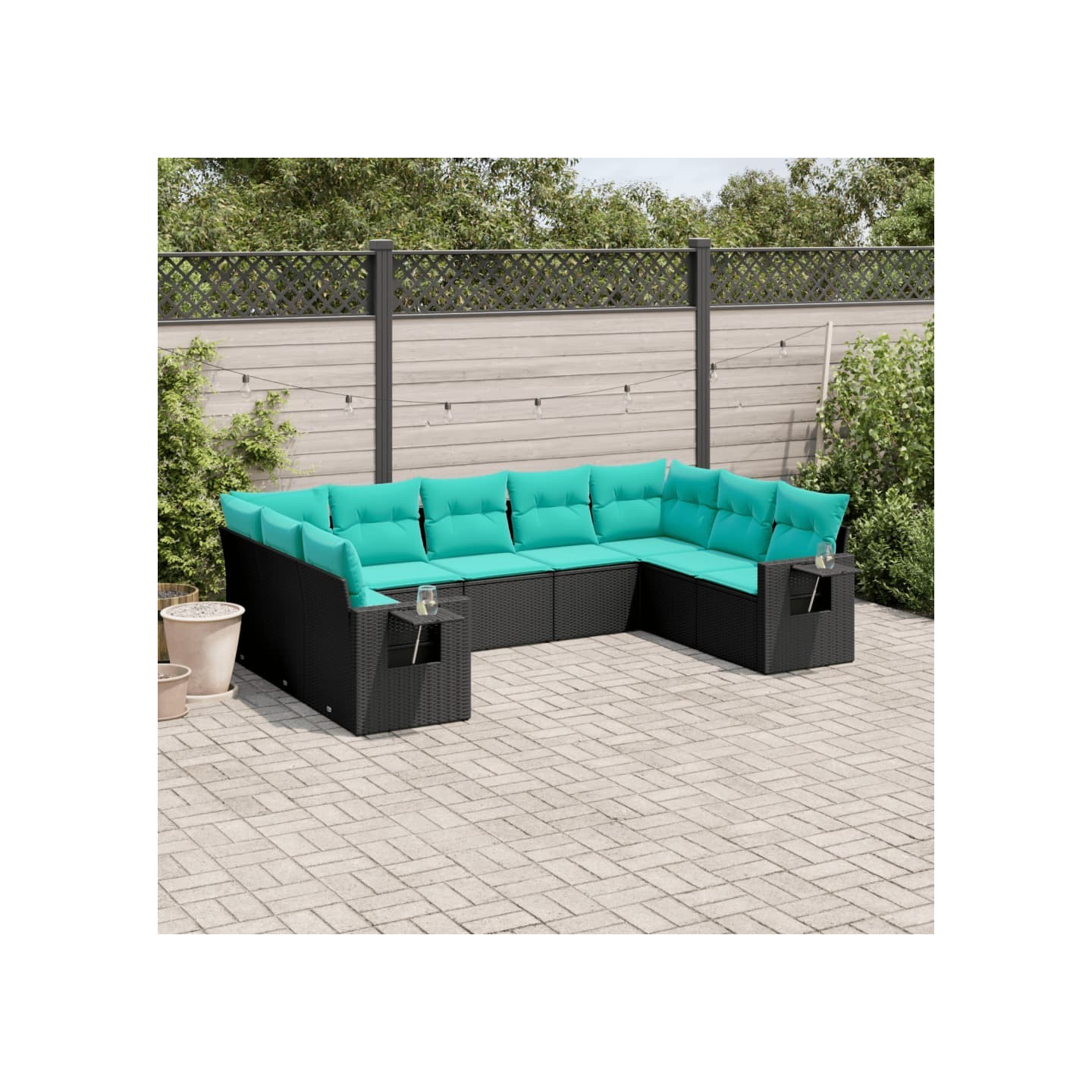 Salon de jardin 9 pcs avec coussins noir résine tressée
