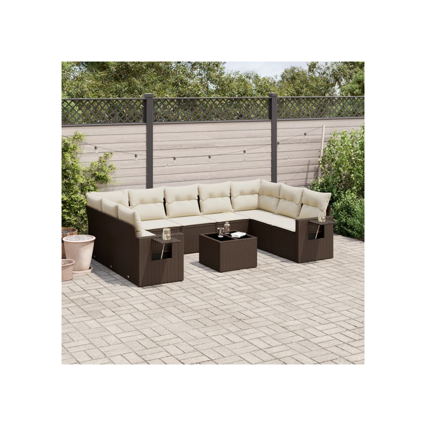 Salon de jardin 10 pcs avec coussins marron résine tressée