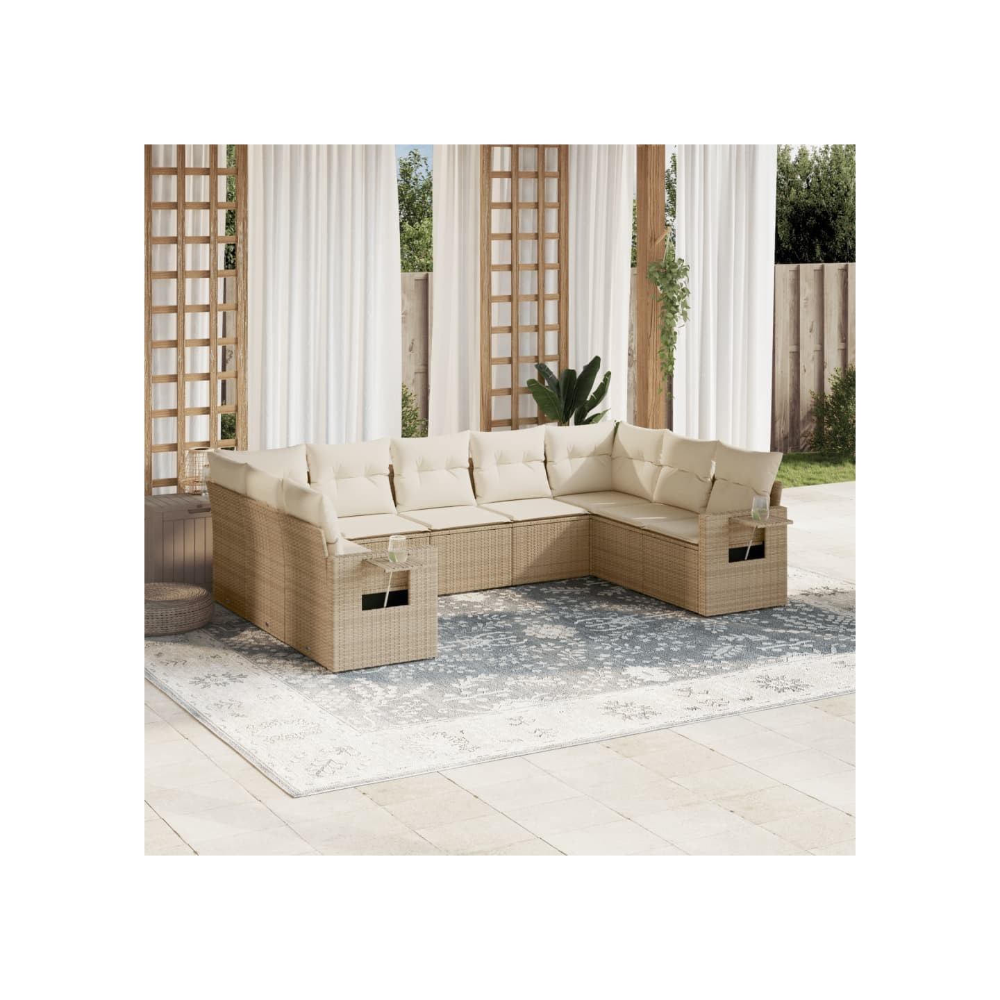 Salon de jardin avec coussins 9 pcs beige résine tressée