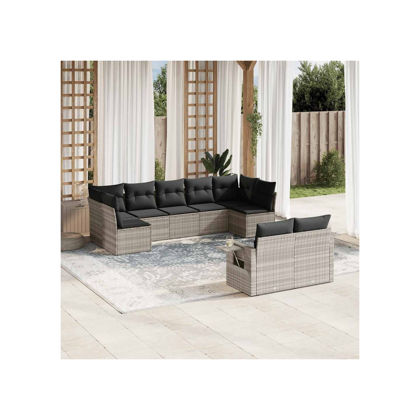 Salon de jardin 9 pcs avec coussins gris clair résine tressée