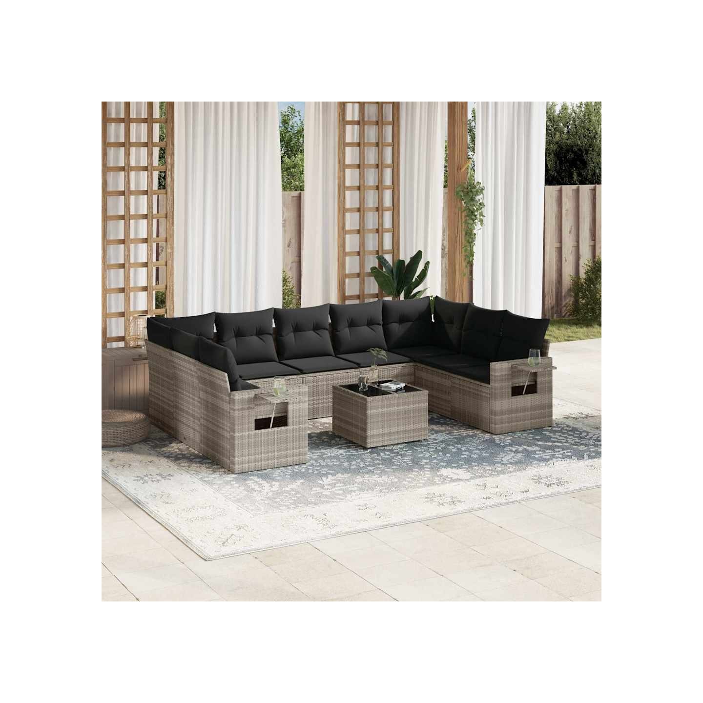 Salon de jardin avec coussins 10 pcs gris clair résine tressée