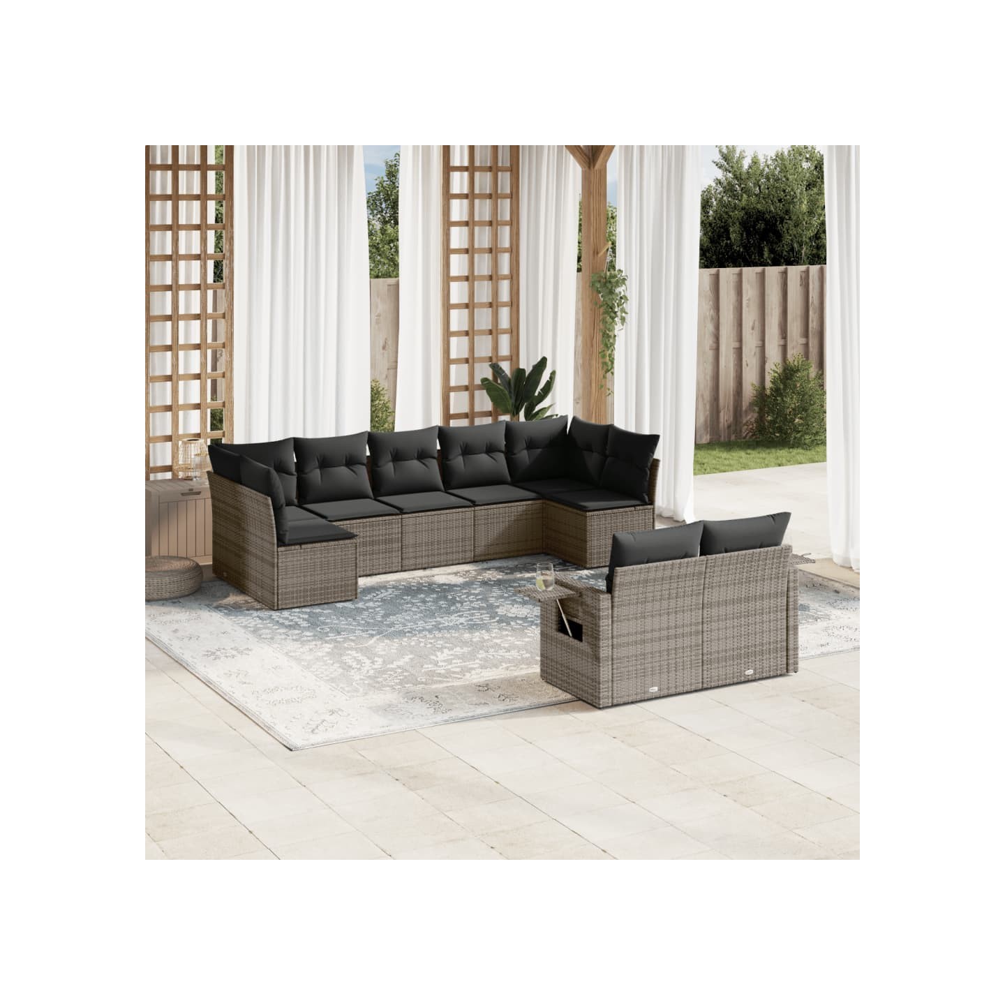 Salon de jardin 9 pcs avec coussins gris résine tressée