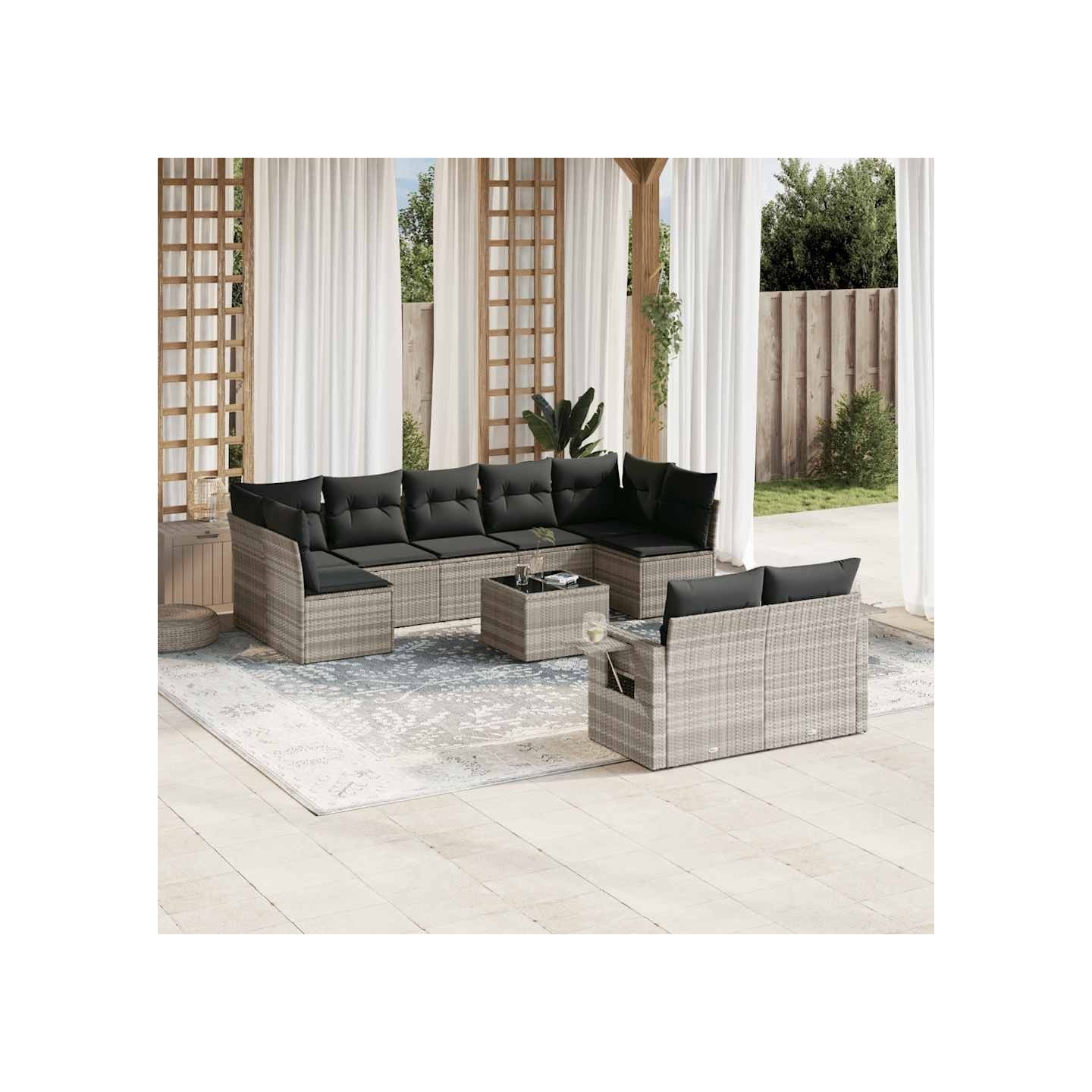Salon de jardin avec coussins 10 pcs gris clair résine tressée