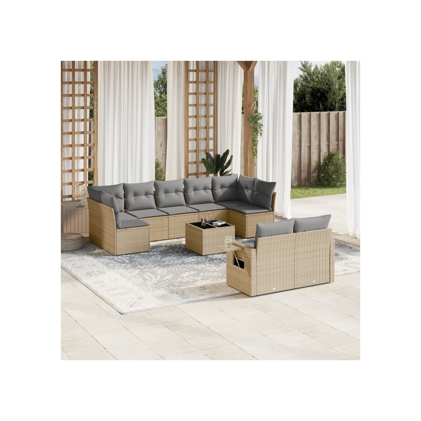 Salon de jardin avec coussins 10 pcs beige résine tressée
