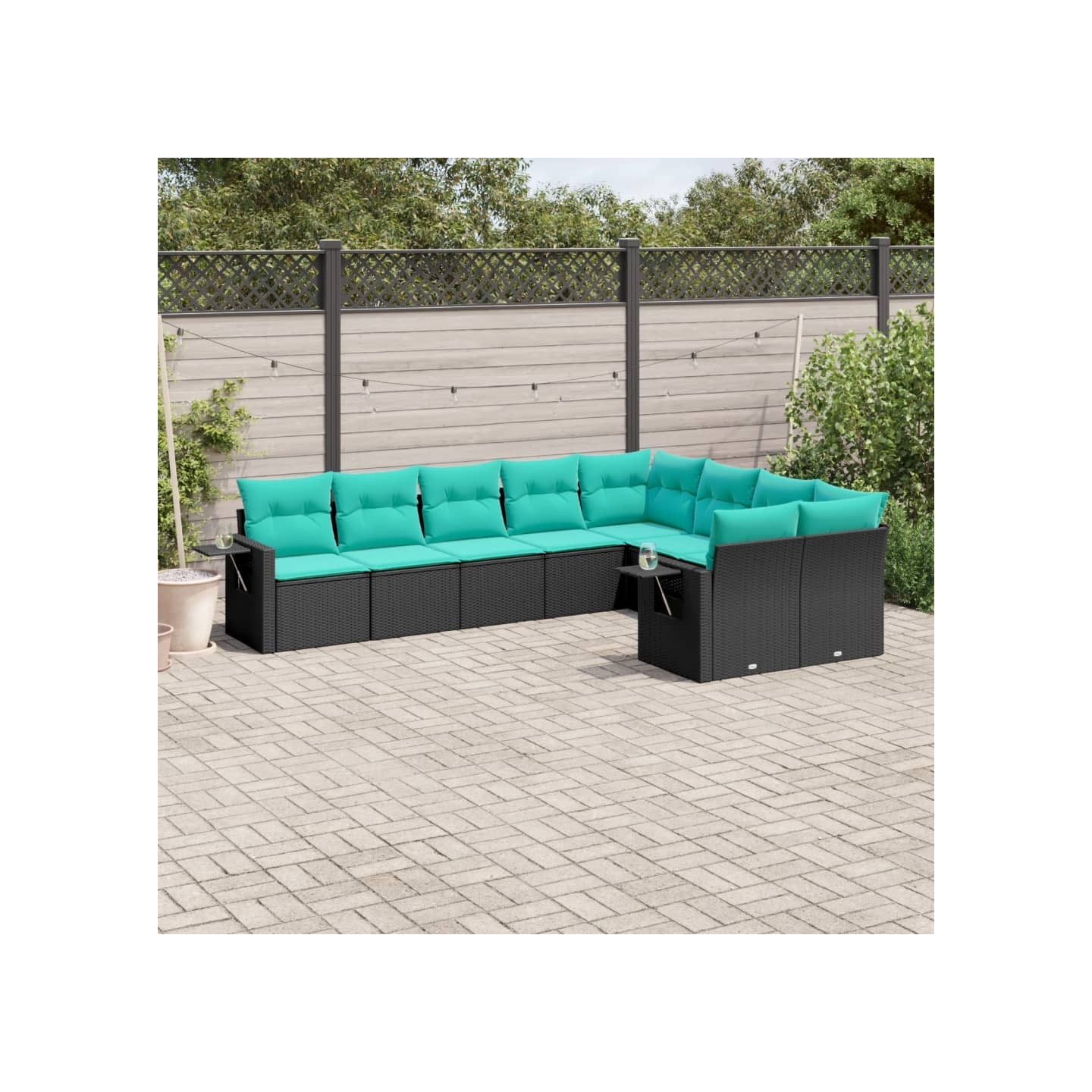 Salon de jardin 9 pcs avec coussins noir résine tressée