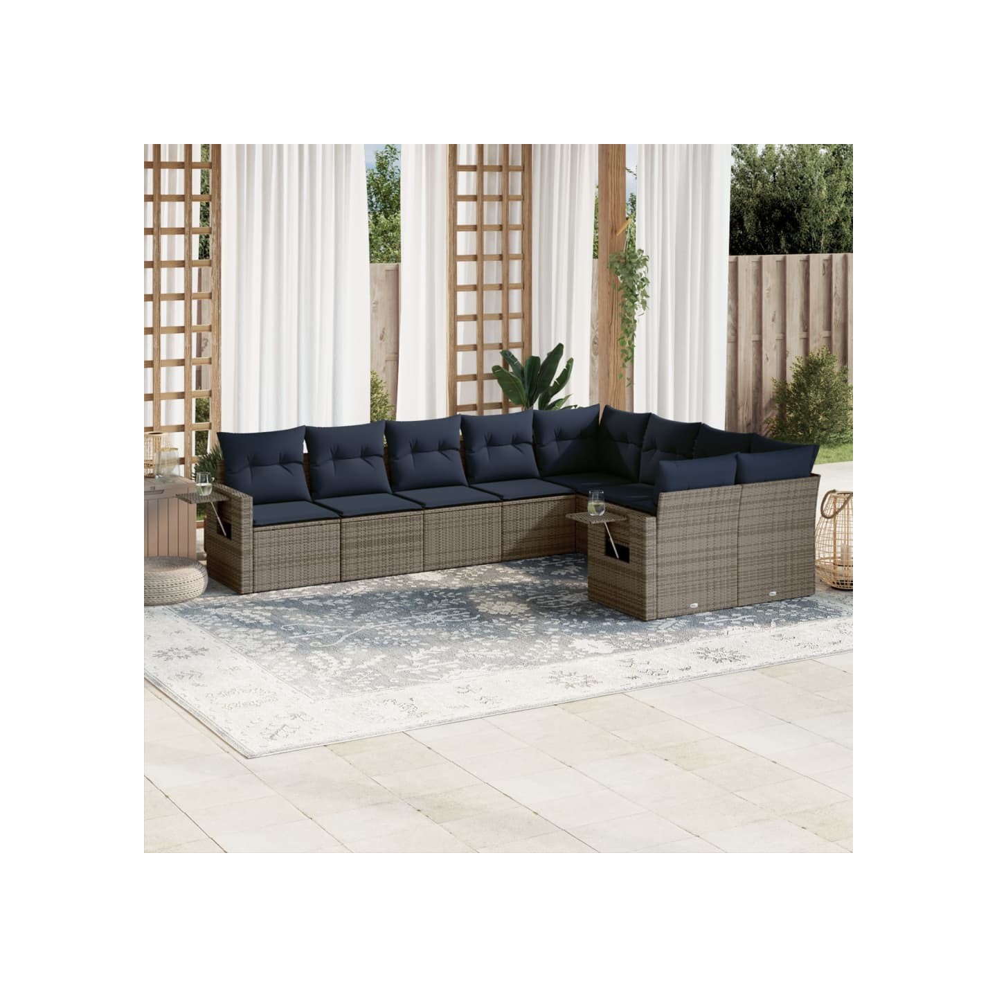 Ensemble de canapé de jardin 9 pcs avec coussins gris résine tressée