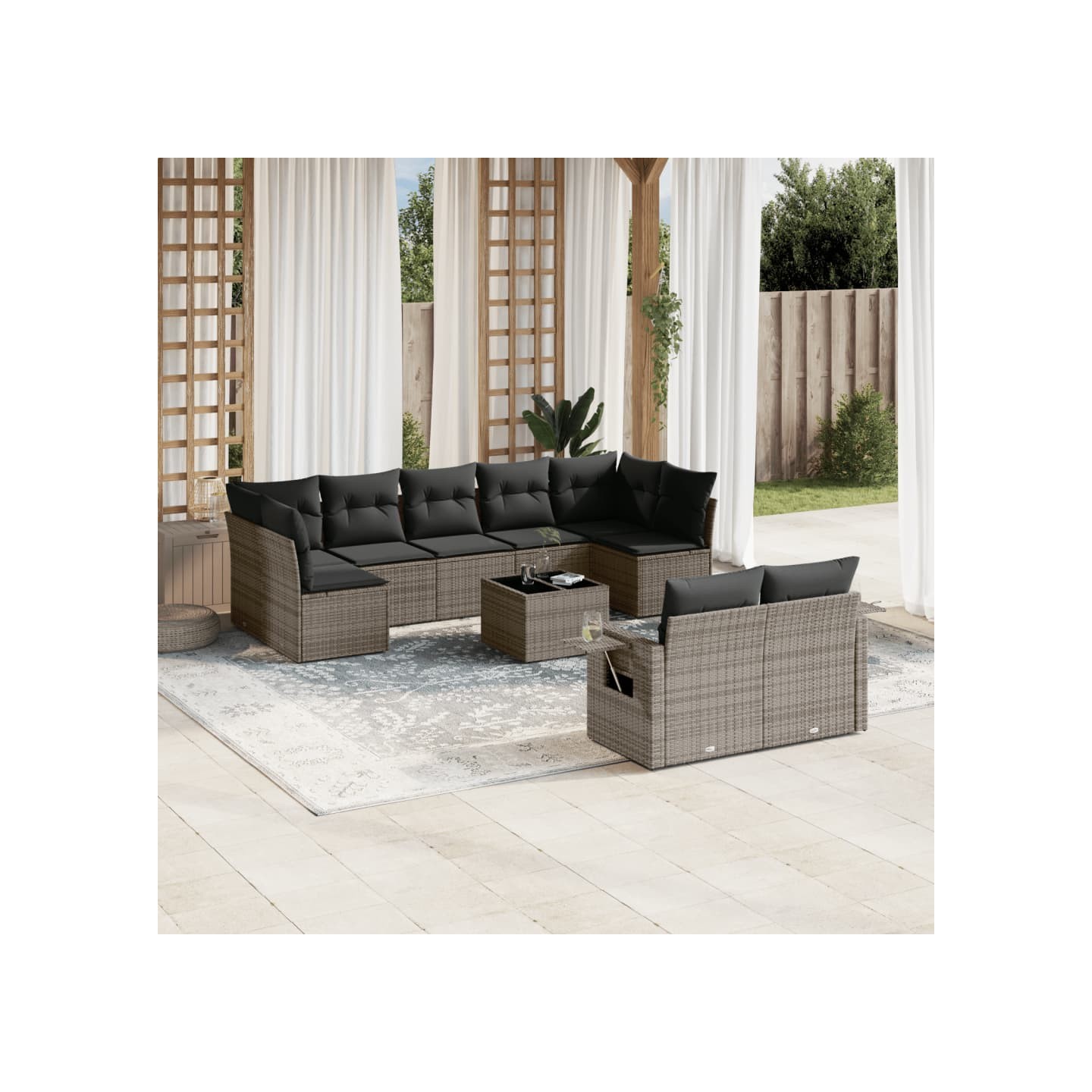 Salon de jardin avec coussins 10 pcs gris résine tressée