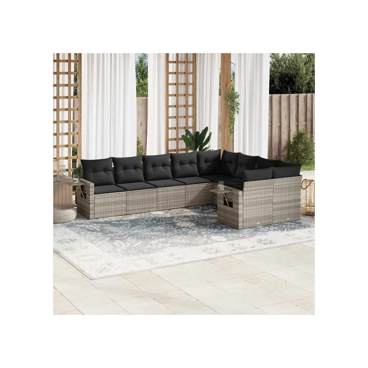 Salon de jardin 9 pcs avec coussins gris clair résine tressée