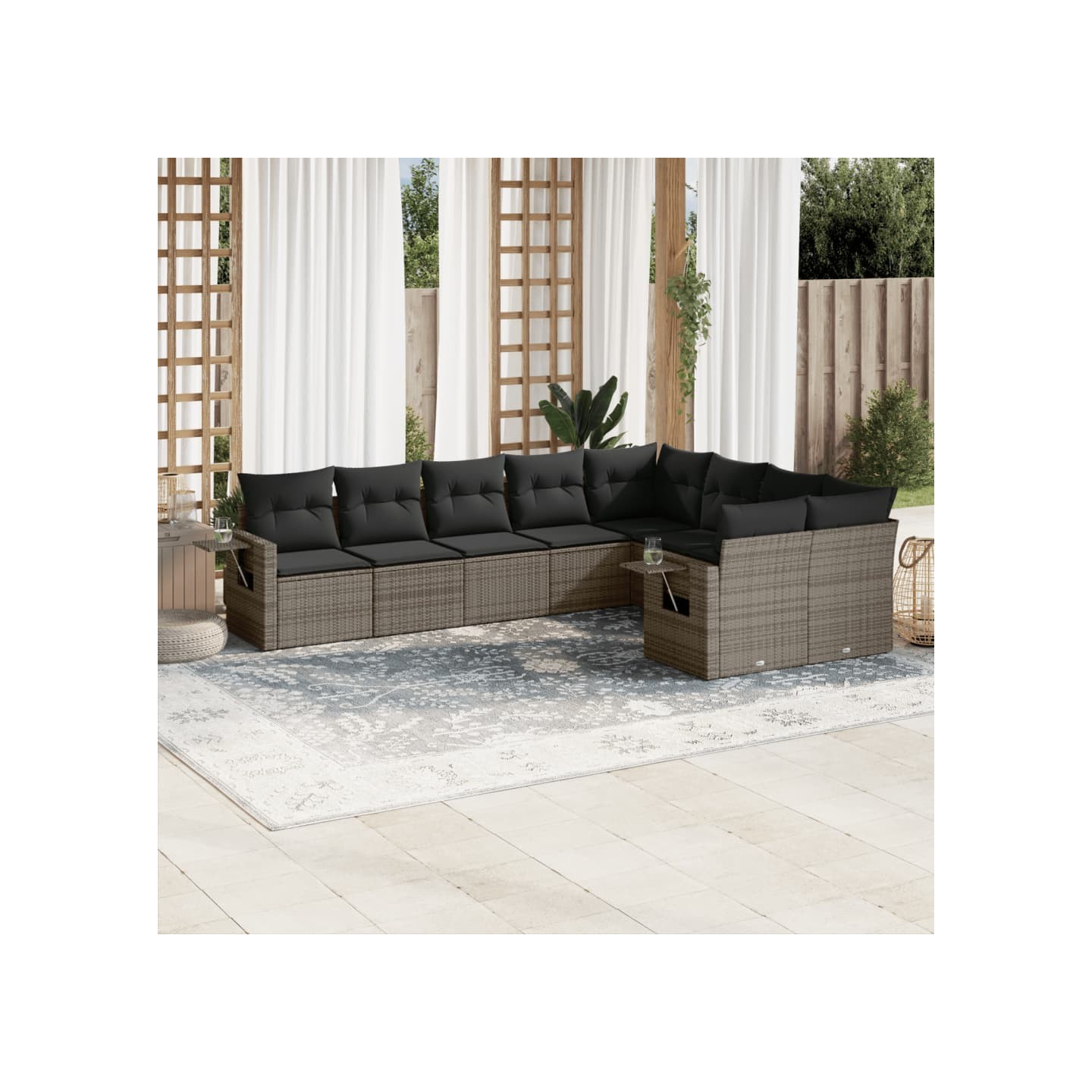 Salon de jardin 9 pcs avec coussins gris résine tressée