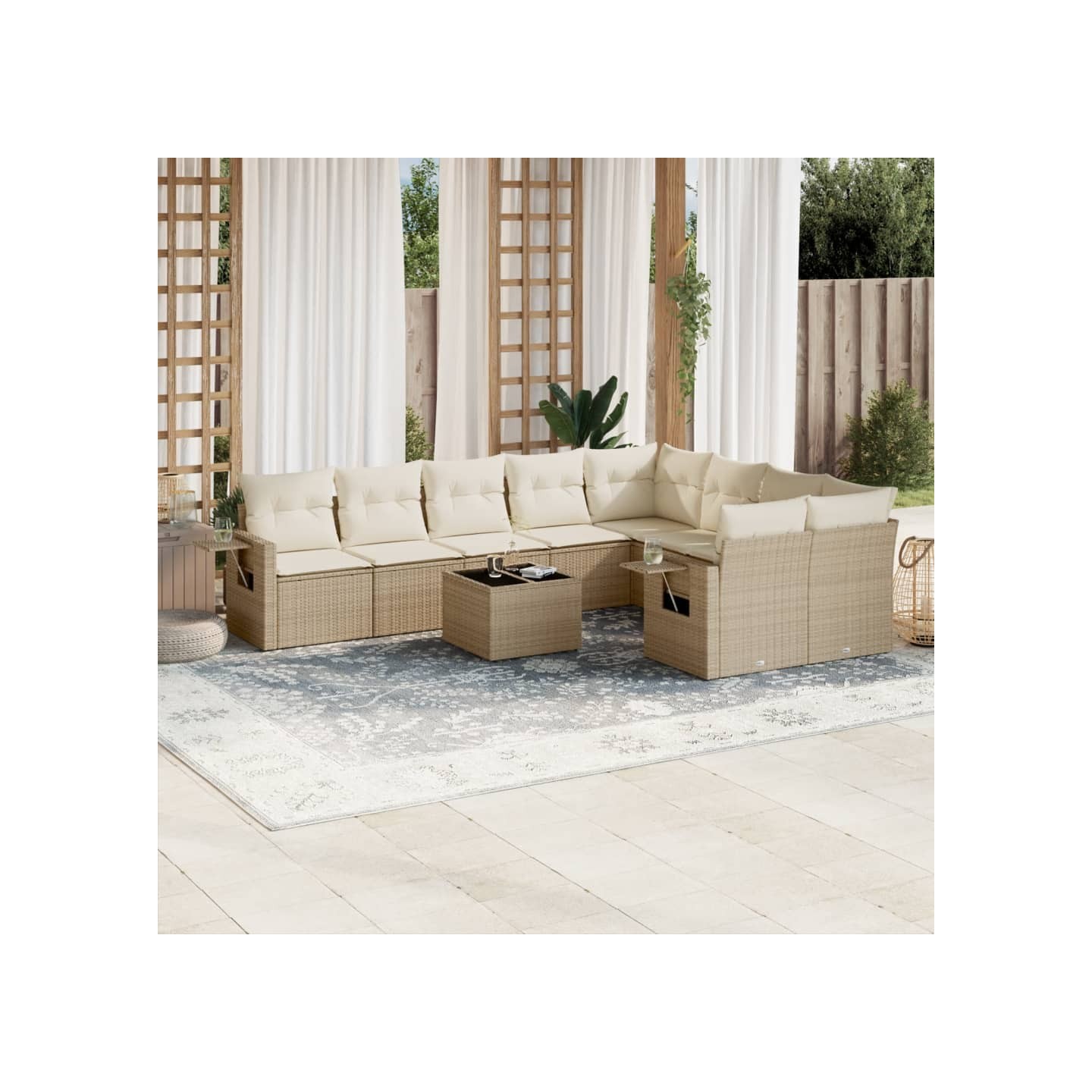 Salon de jardin avec coussins 10 pcs beige résine tressée