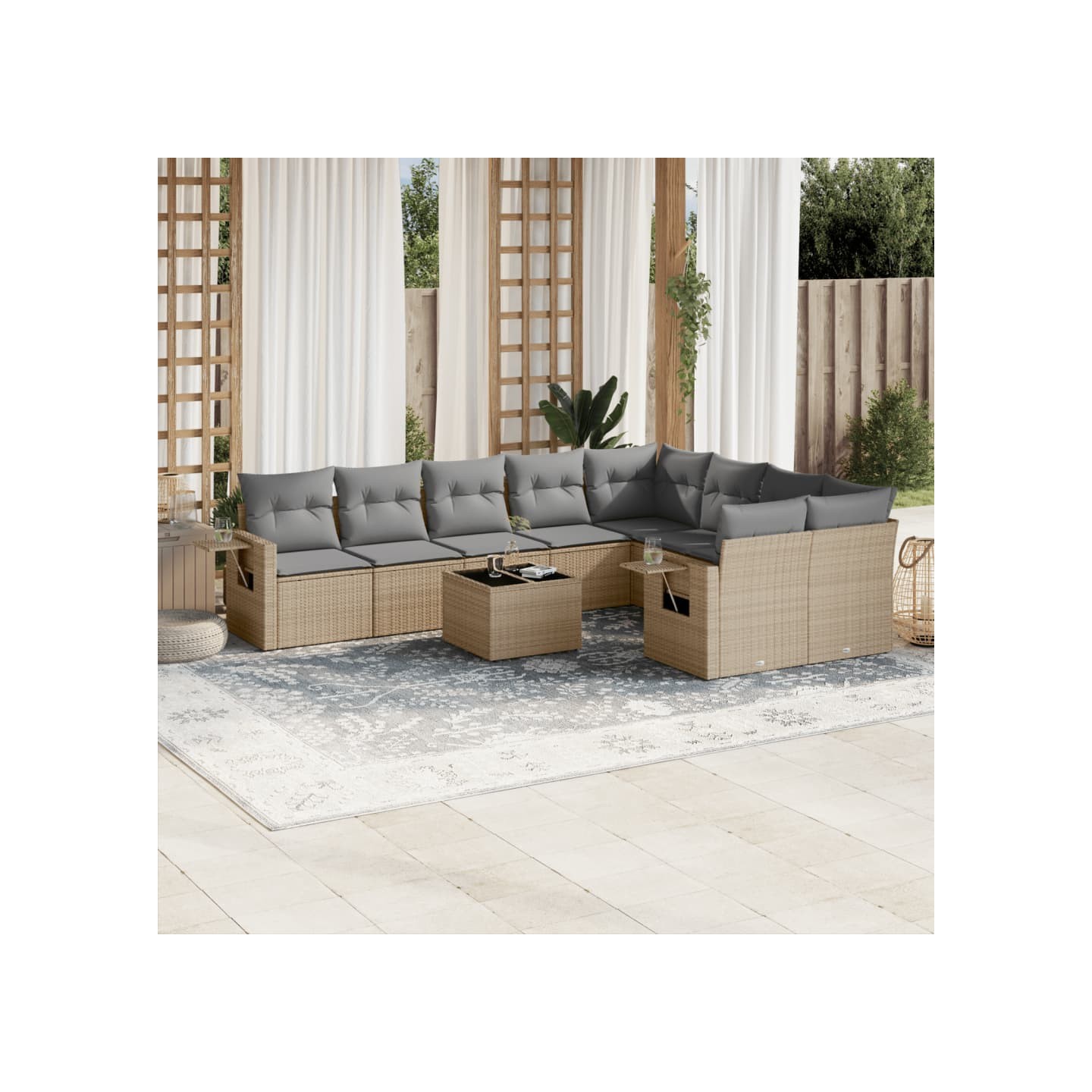 Salon de jardin avec coussins 10 pcs beige résine tressée